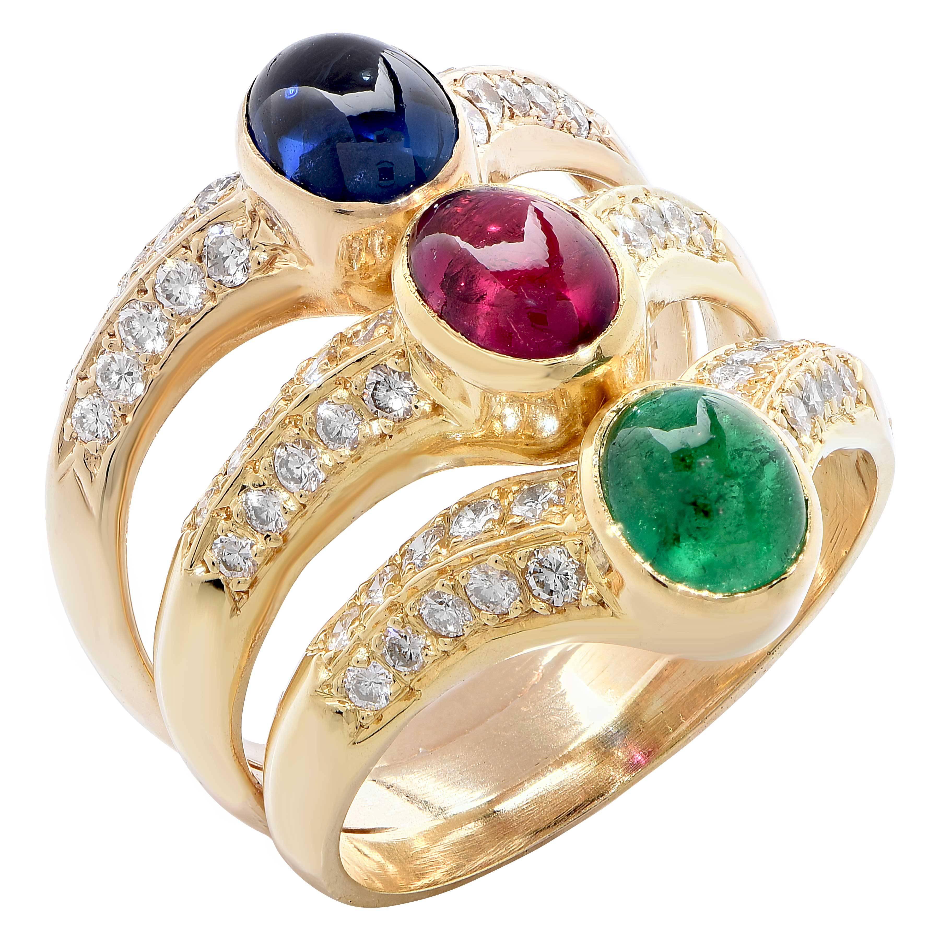 Women's Triple Row Ruby Emerald Sapphire Diamond 18 Karat Yellow Gold Ring For Sale