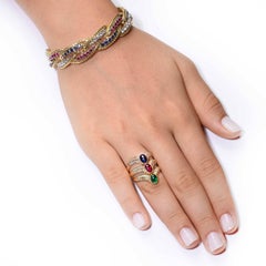 Triple Row Ruby Emerald Sapphire Diamond 14 Karat Yellow Gold Ring