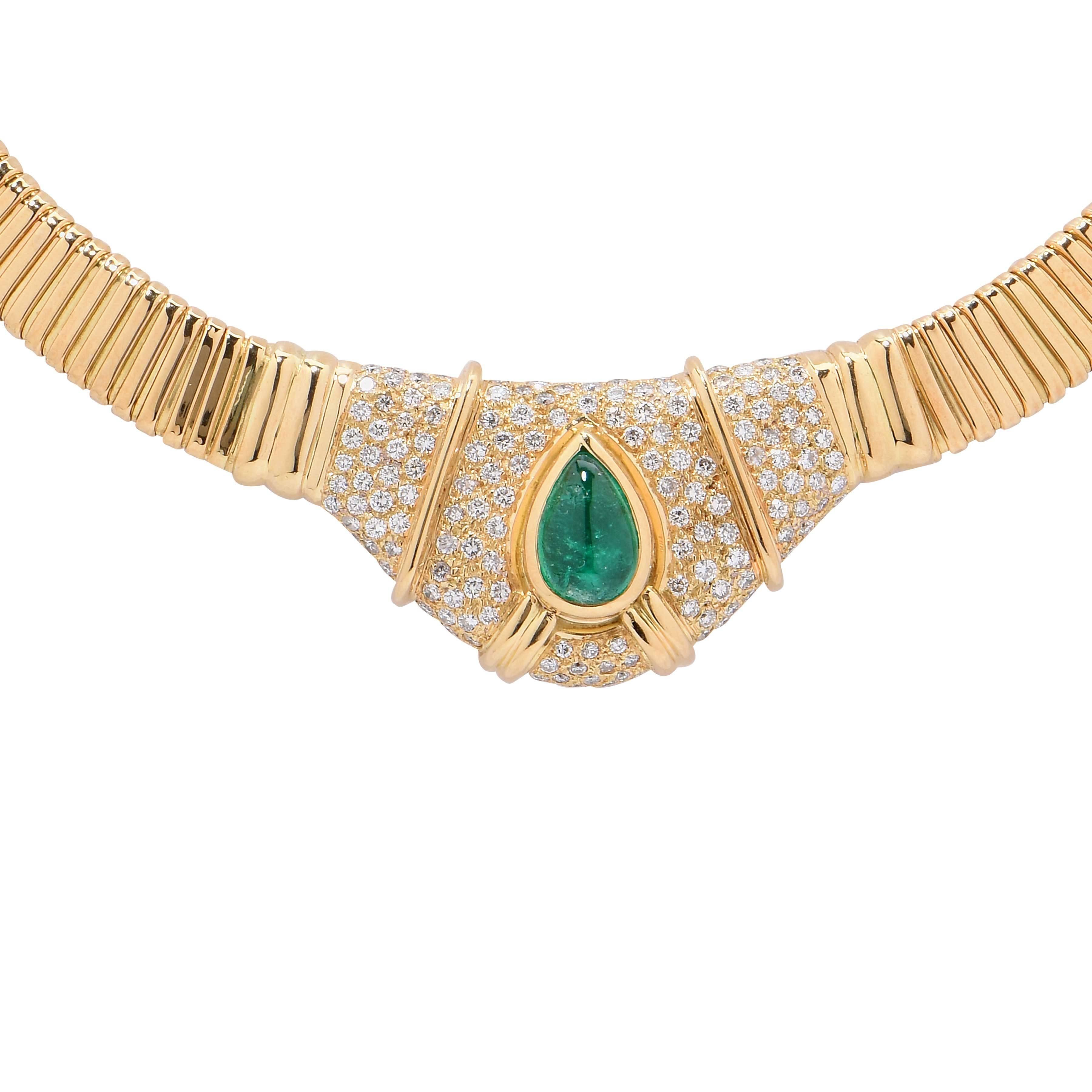 3 Carat Natural Cabochon Drop Emerald Diamond Gold Tubogas Necklace In Fair Condition In Bay Harbor Islands, FL