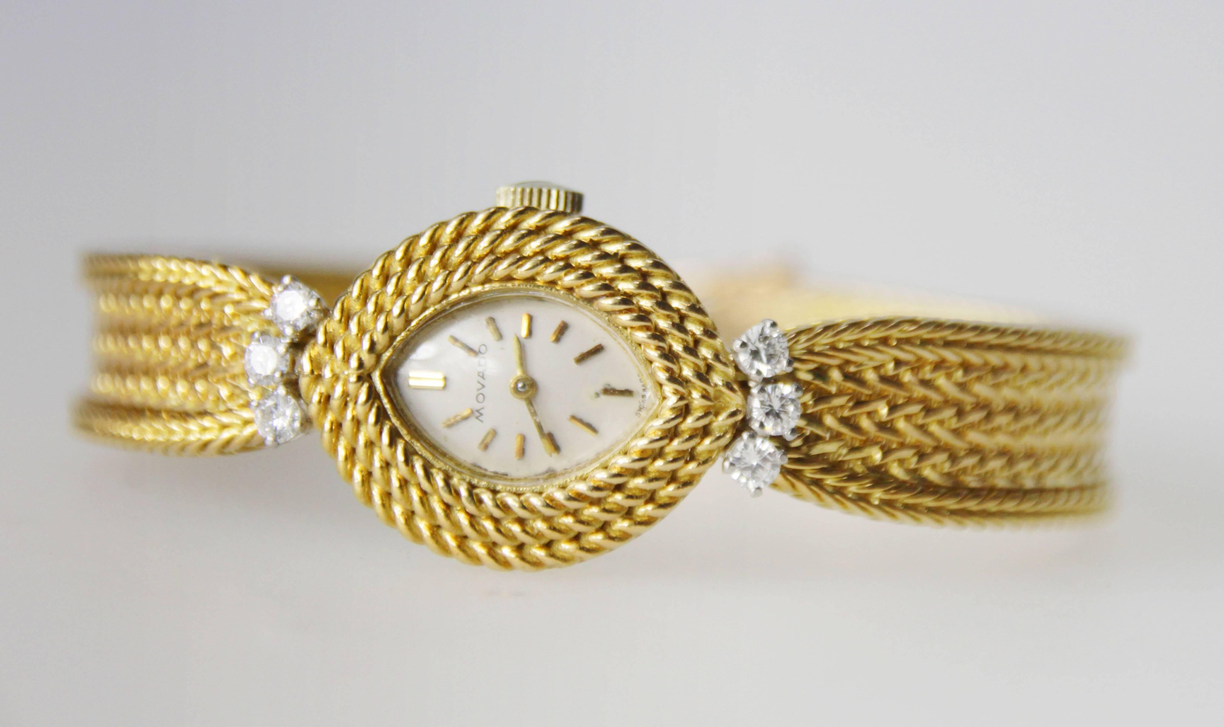 Round Cut Lady's Yellow Gold Diamond Movado Movement Wristwatch For Sale