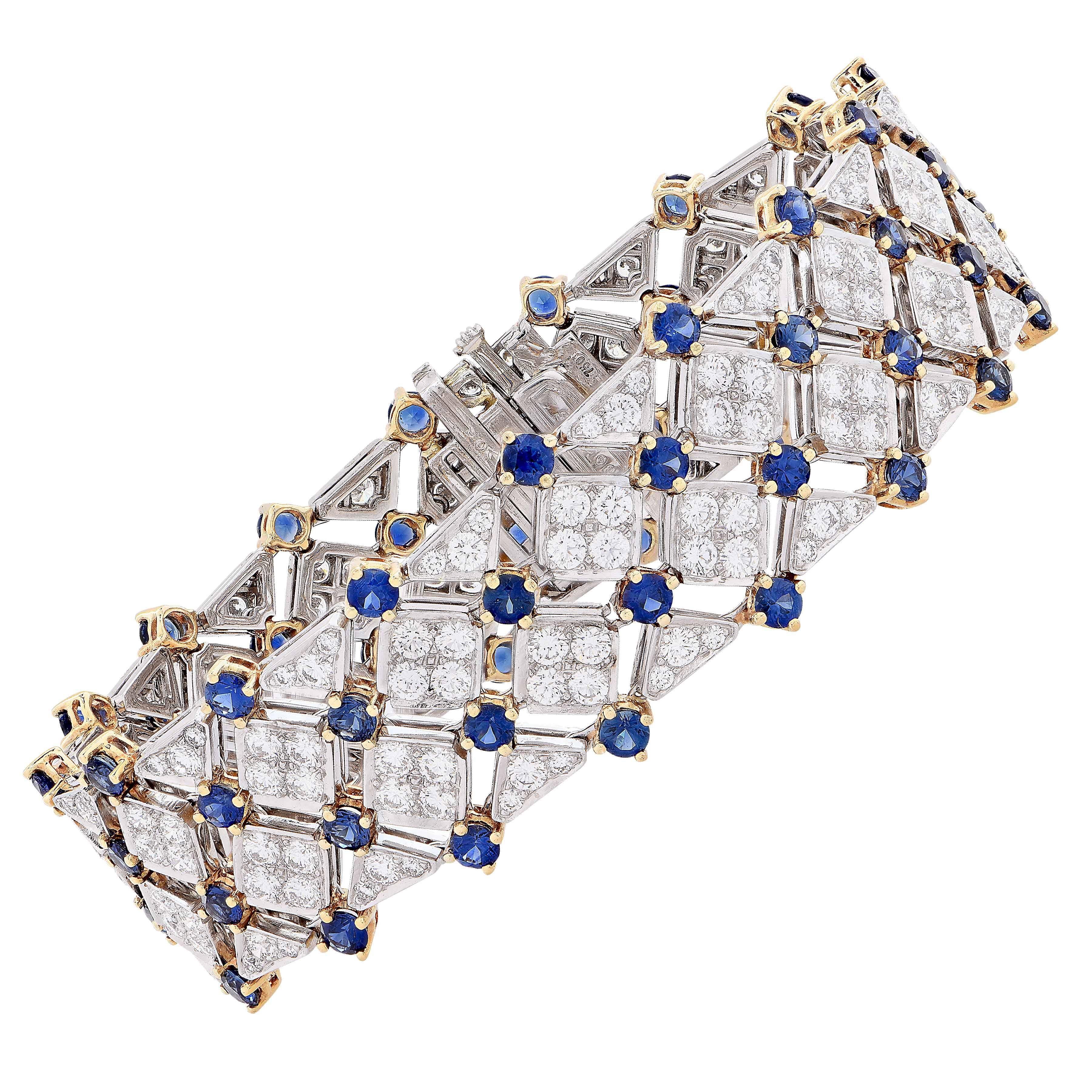 Tiffany & Co. Bracelet en or et platine avec treillis de saphirs et diamants Bon état - En vente à Bay Harbor Islands, FL