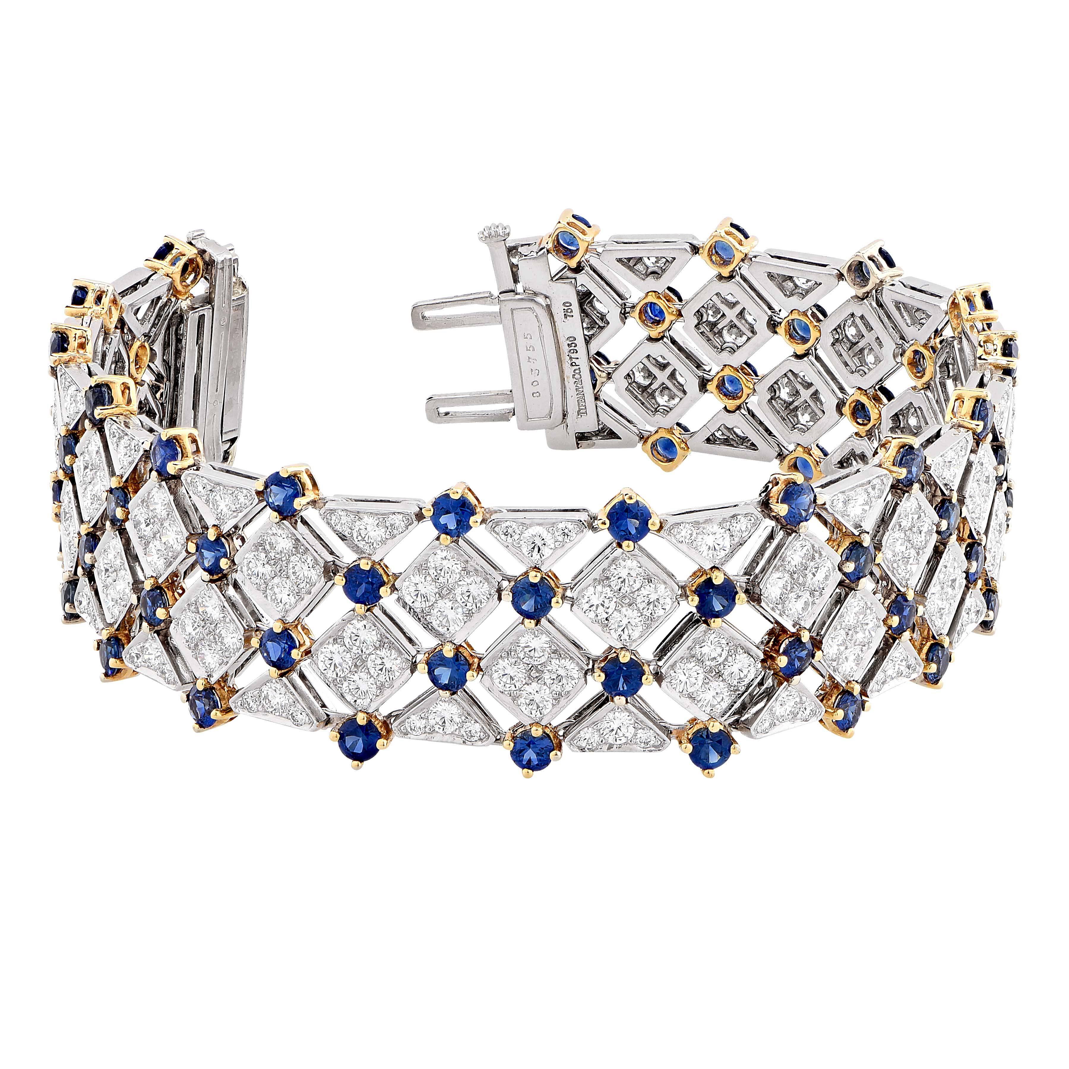 Tiffany & Co. Bracelet en or et platine avec treillis de saphirs et diamants Pour femmes en vente