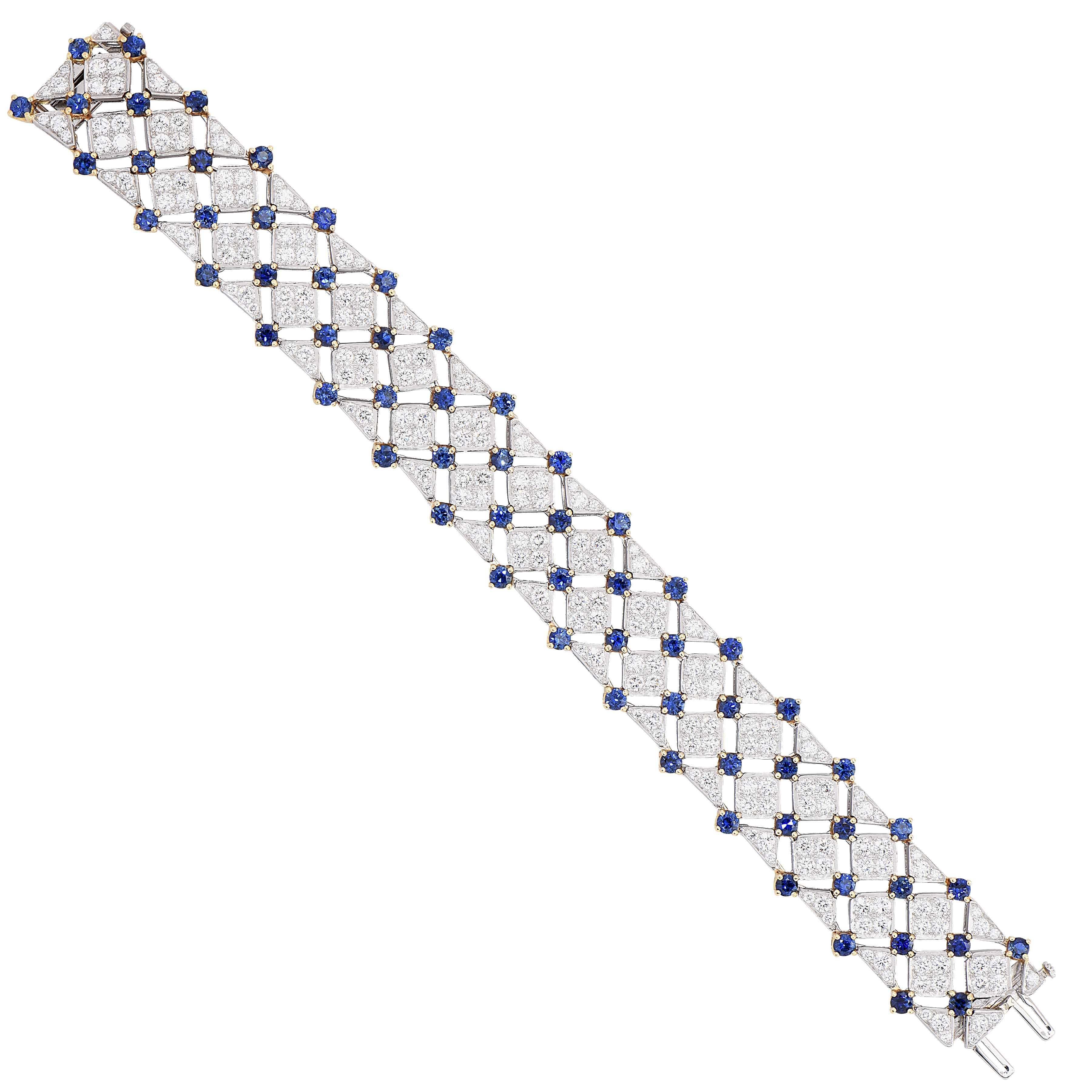 Tiffany & Co. Bracelet en or et platine avec treillis de saphirs et diamants en vente 1