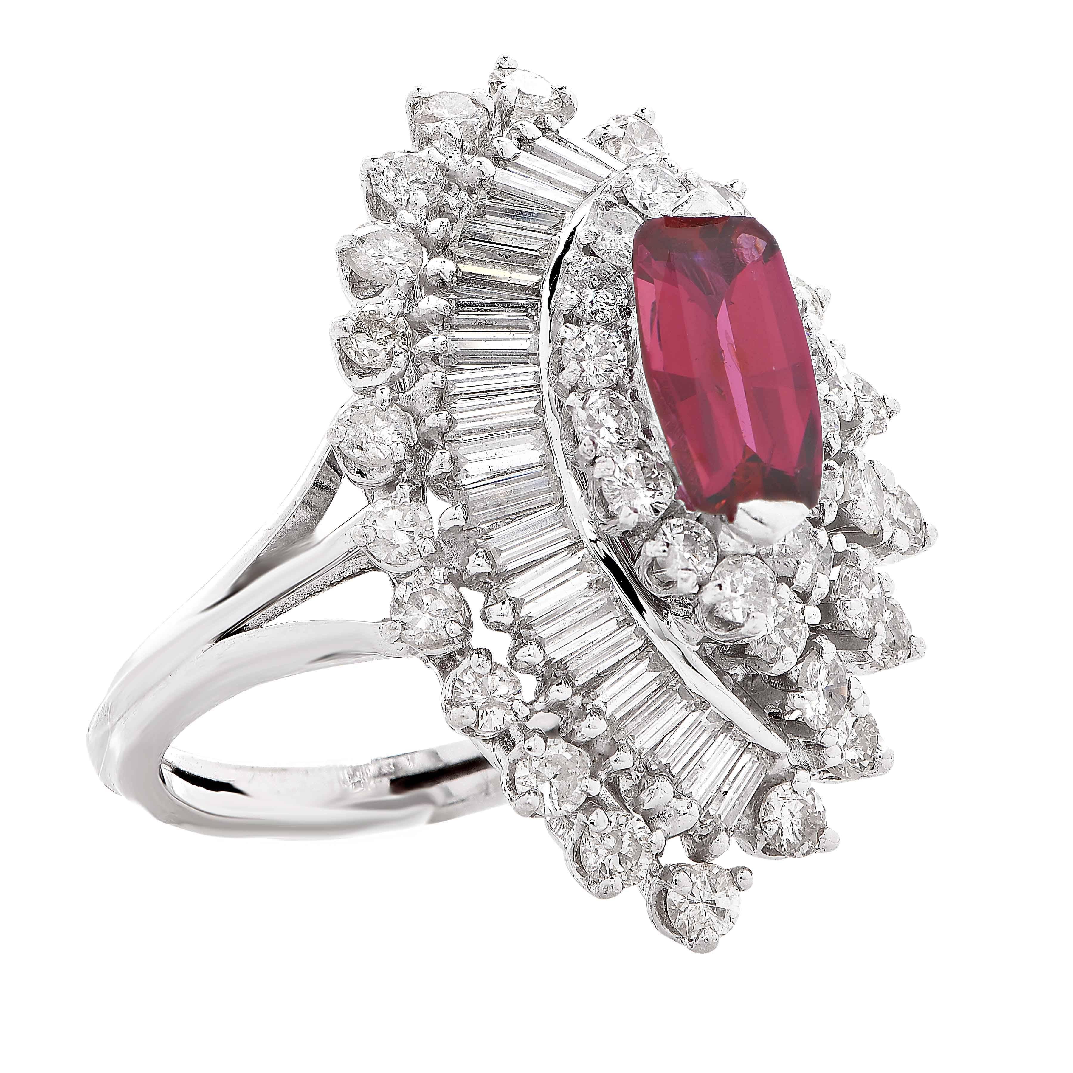 Baguette Cut Red Spinel and Diamond Gold Ring For Sale