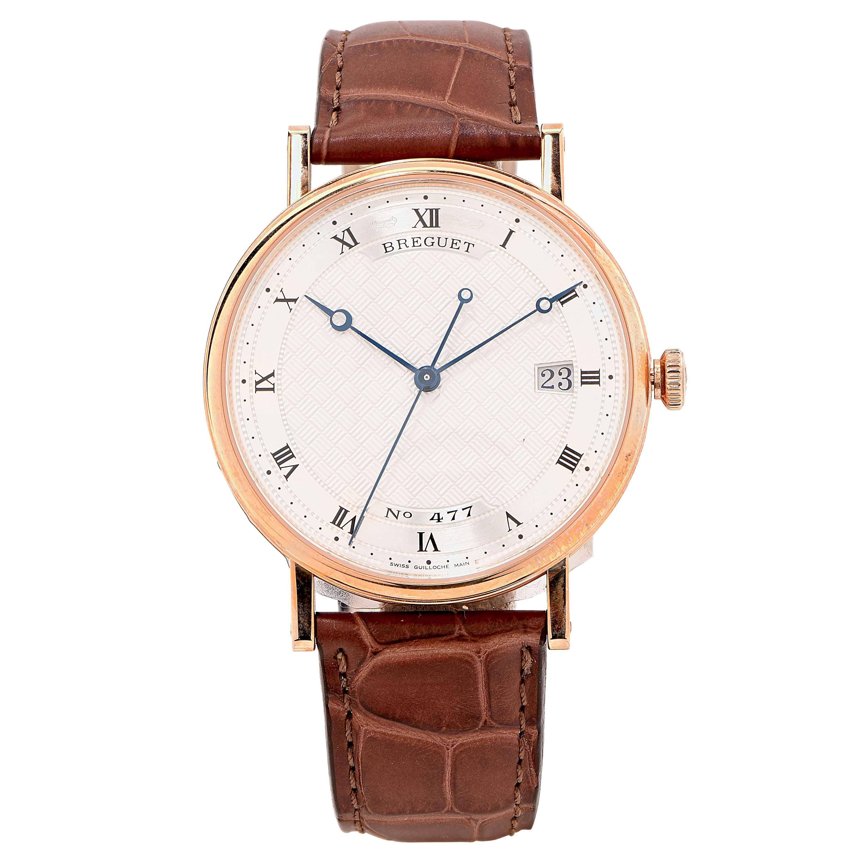 Brand new Breguet classique mens automatic watch in rose gold.

Model #5177BR129V6 Retail $23,200. Box and papers.

Classique wristwatch in 18-carat rose gold. Self-winding movement with date. Balance spring, lever and escape wheel in silicon.