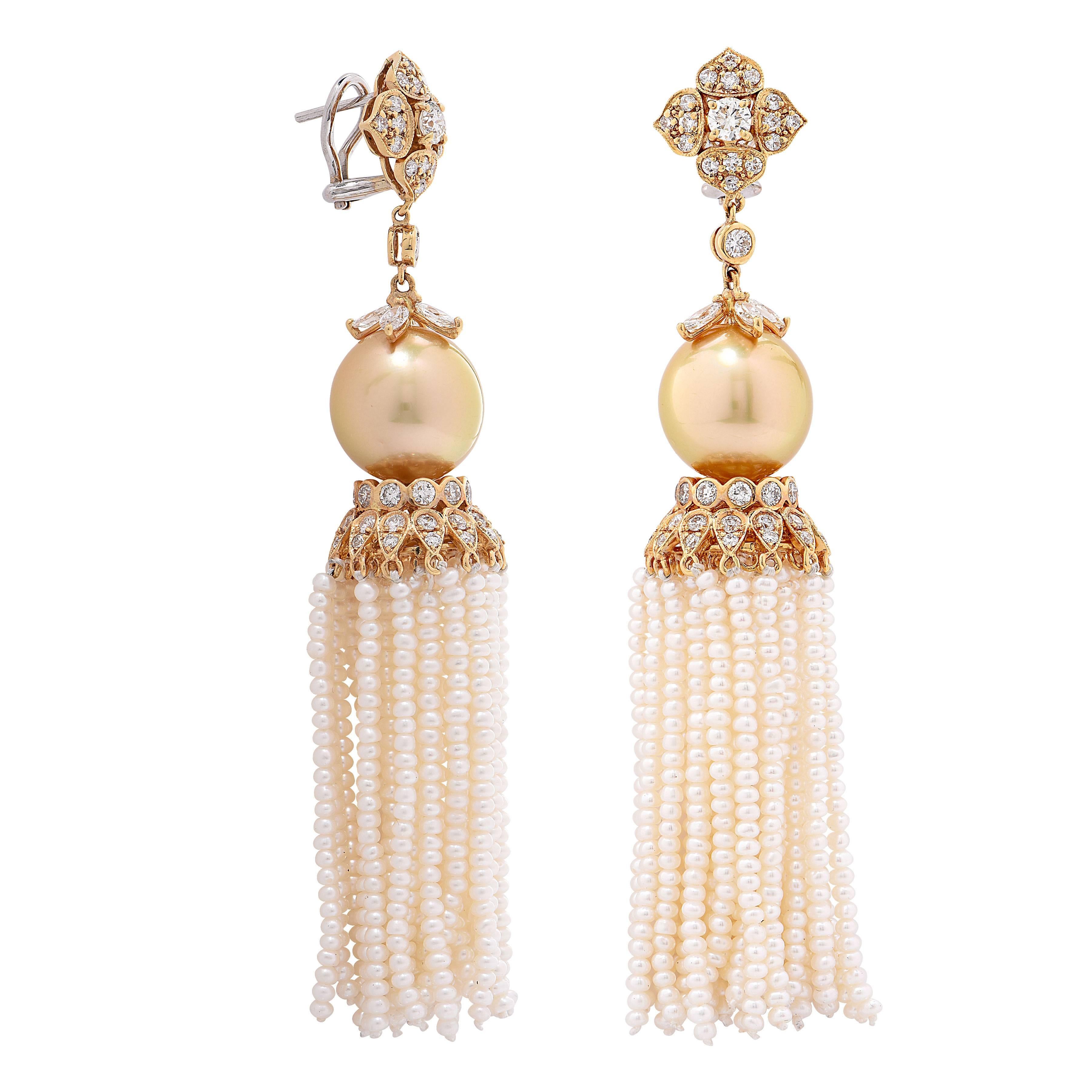 Women's 4.05 Carat Diamond and Golden South Sea Pearl Ear Clips with Removable Tassel For Sale