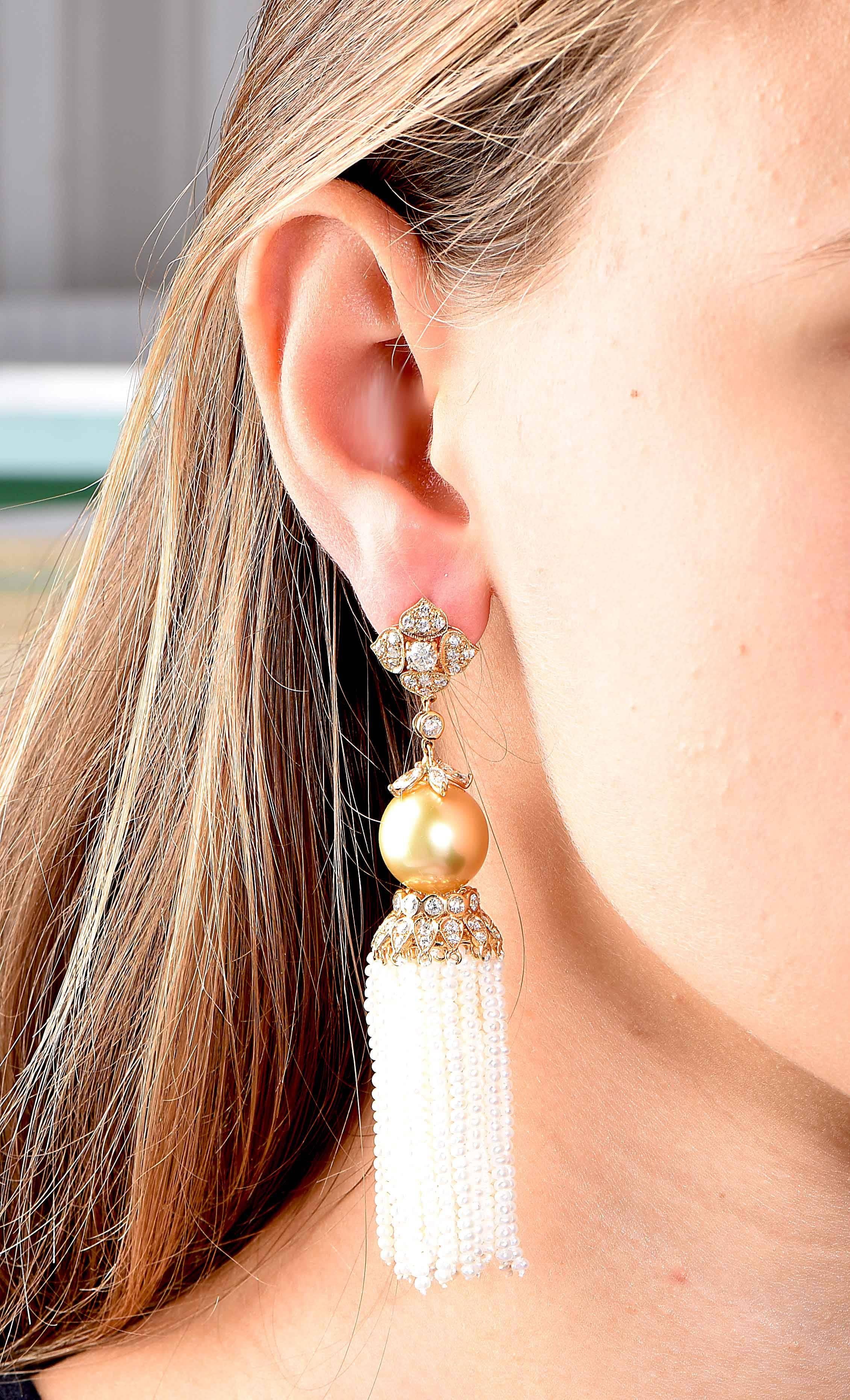 4.05 Carat Diamond and Golden South Sea Pearl Ear Clips with Removable Tassel For Sale 2