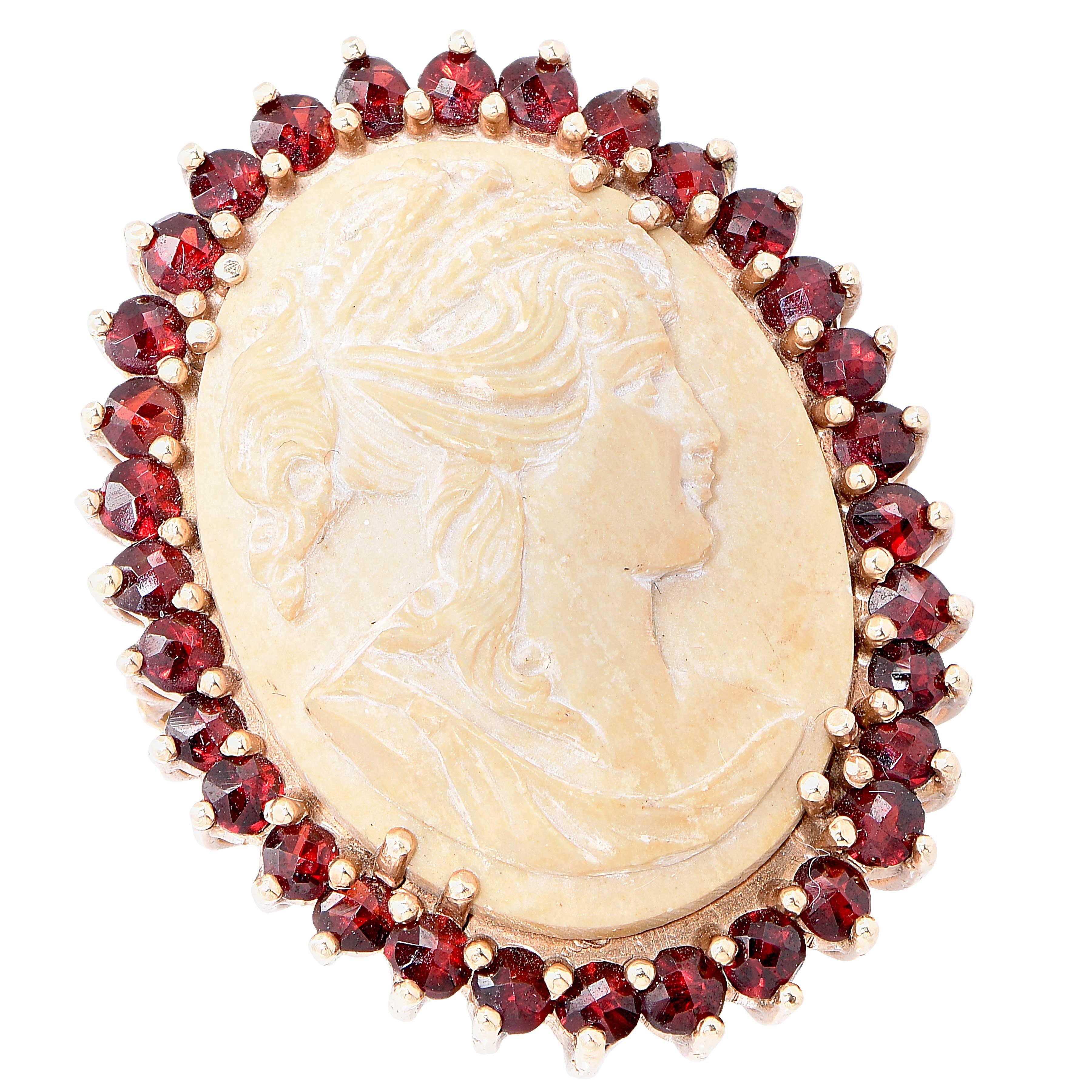 Women's Lava Cameo and Garnet Gold Ring.