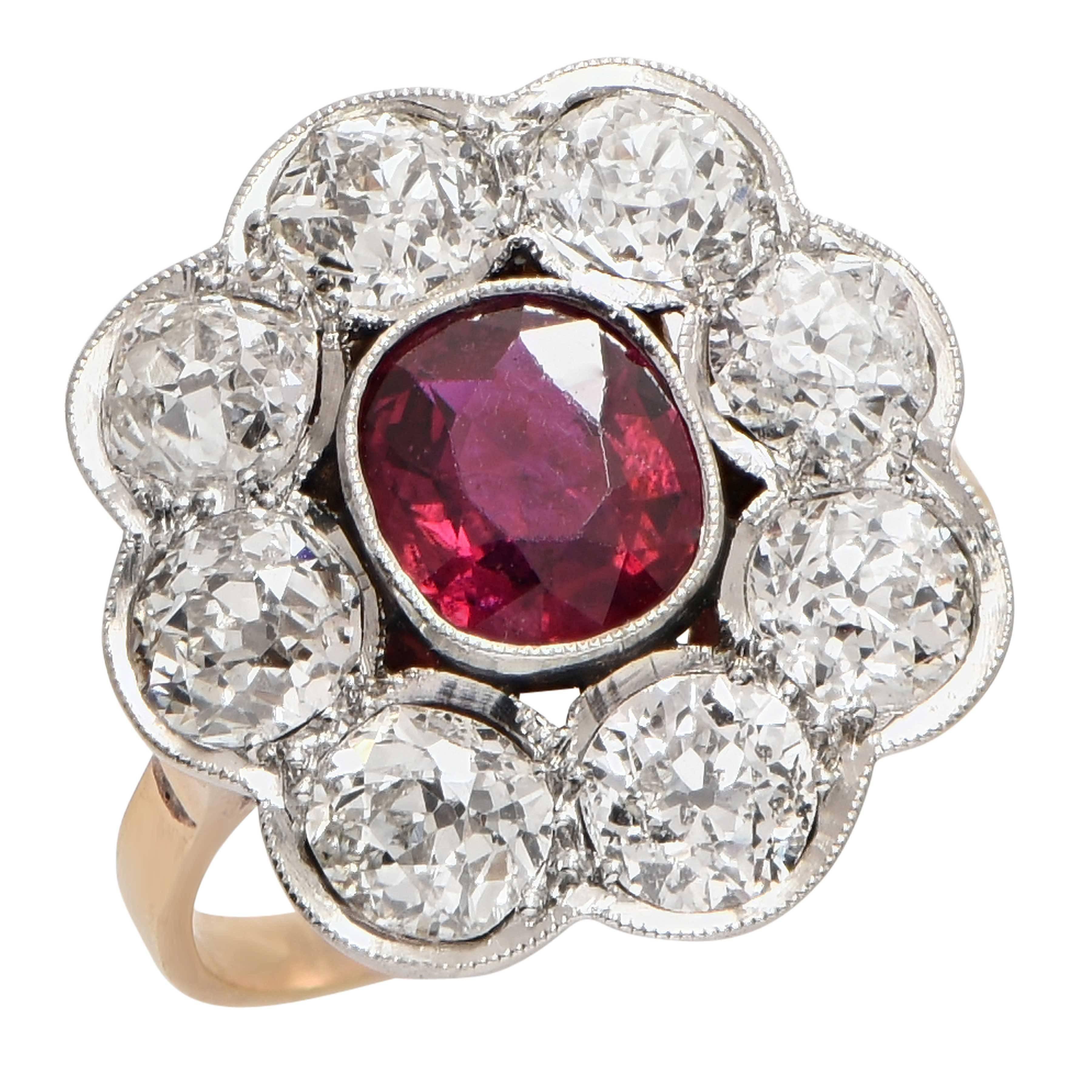 Rubellite Old Mine Cut Diamond Ring In Excellent Condition For Sale In Bay Harbor Islands, FL
