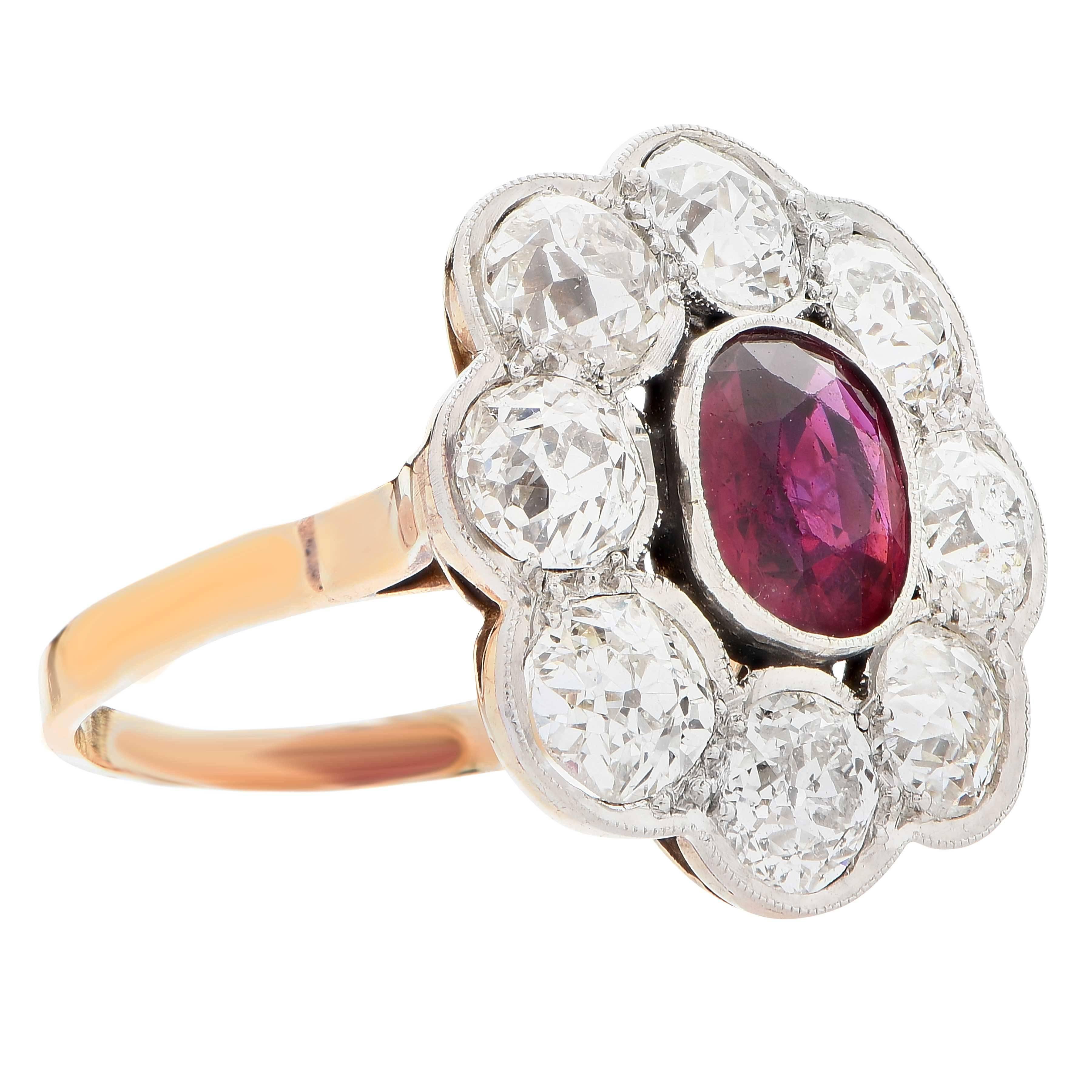 Victorian Rubellite Old Mine Cut Diamond Ring For Sale