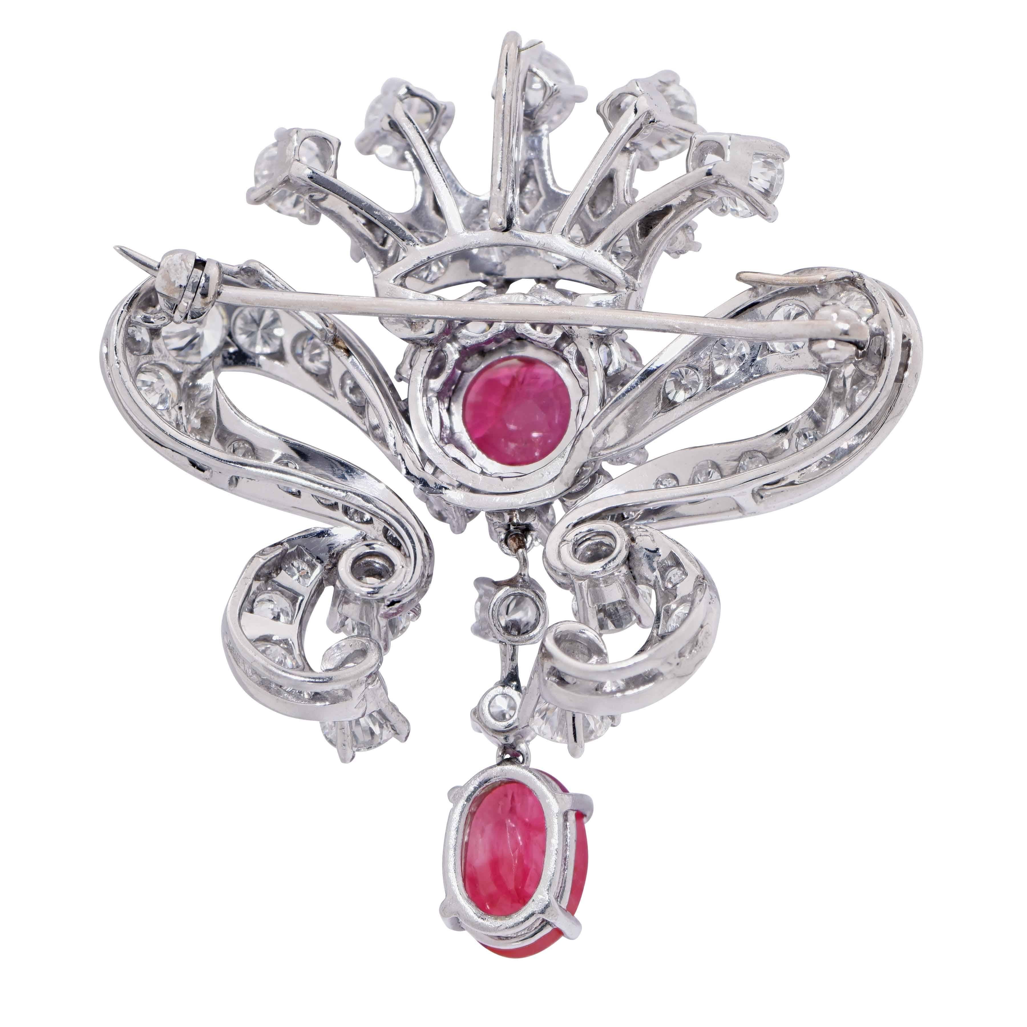 Women's 6.5 Carat Diamond and 3.7 Carat Burmese Ruby Platinum Ribbon Design Brooch For Sale