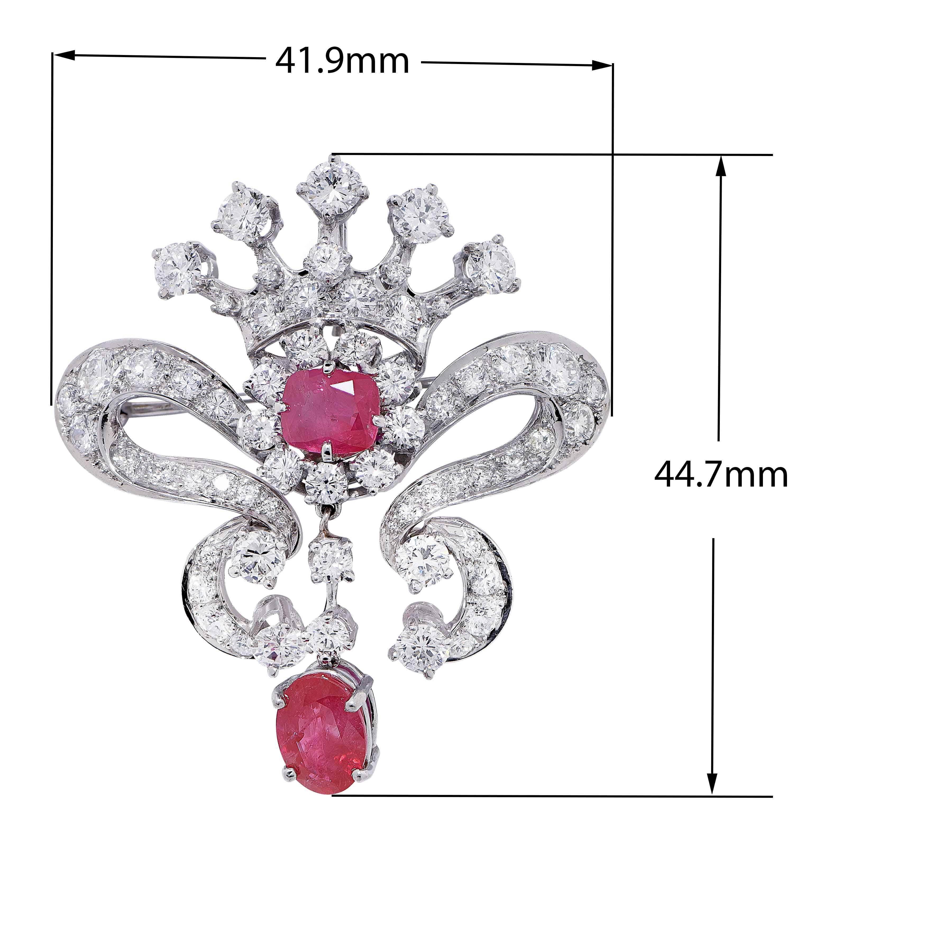 6.5 Carat Diamond and 3.7 Carat Burmese Ruby Platinum Ribbon Design Brooch In Excellent Condition For Sale In Bay Harbor Islands, FL