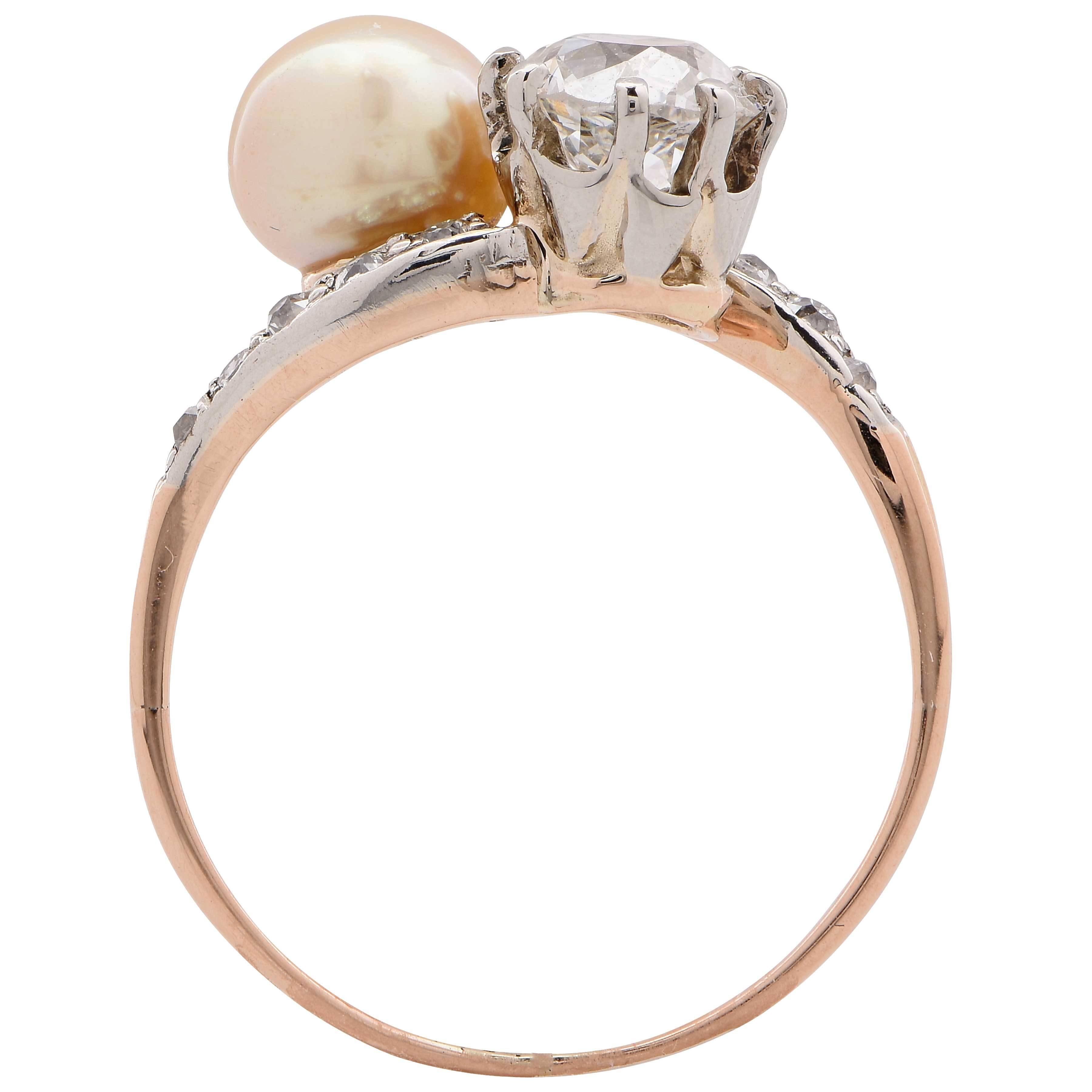 Victorian 1 Carat Old Miner Cut Diamond and  Pearl Ring, circa 1880 For Sale