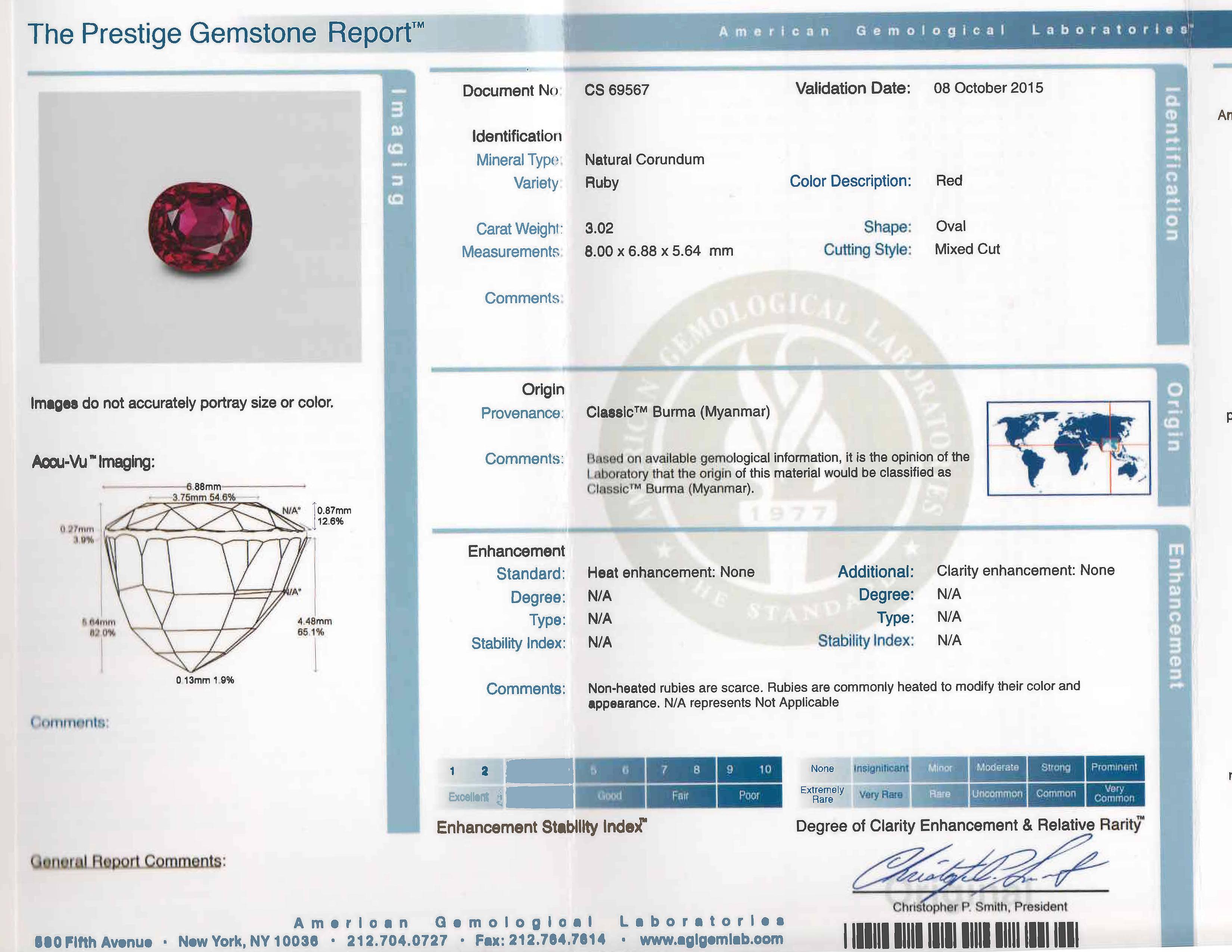 Very fine no heat Burma ruby. It is AGL certified stating that it is not heated or enhanced in any way, and falls in the rare category of being called 'Classic' Burma. The oval ruby weighs 3.02 carats, and is surrounded by 10 trapezoid and baguette