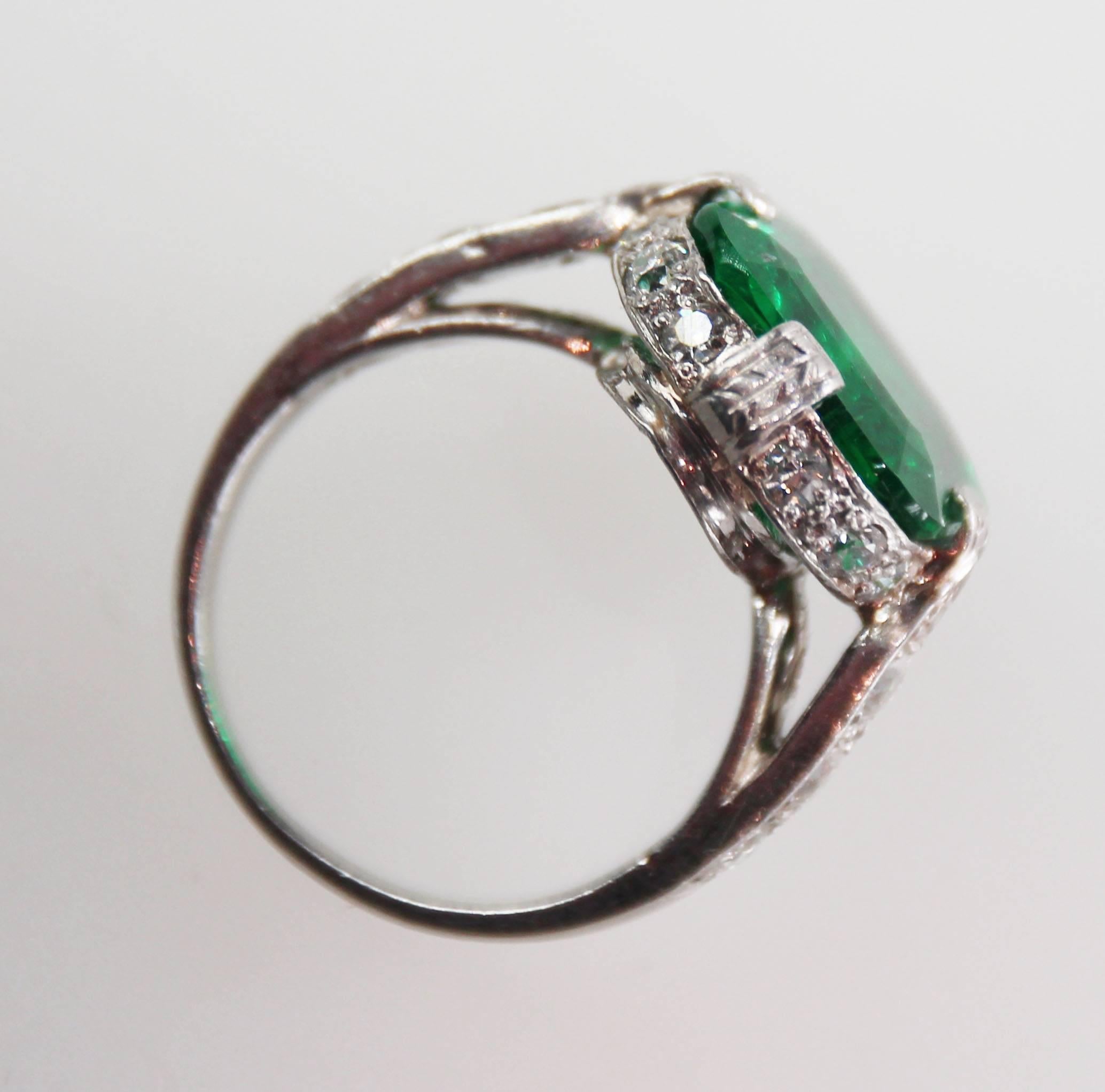 3.95 Carat Colombian No Oil Emerald Diamond Platinum Ring In Good Condition For Sale In Bay Harbor Islands, FL