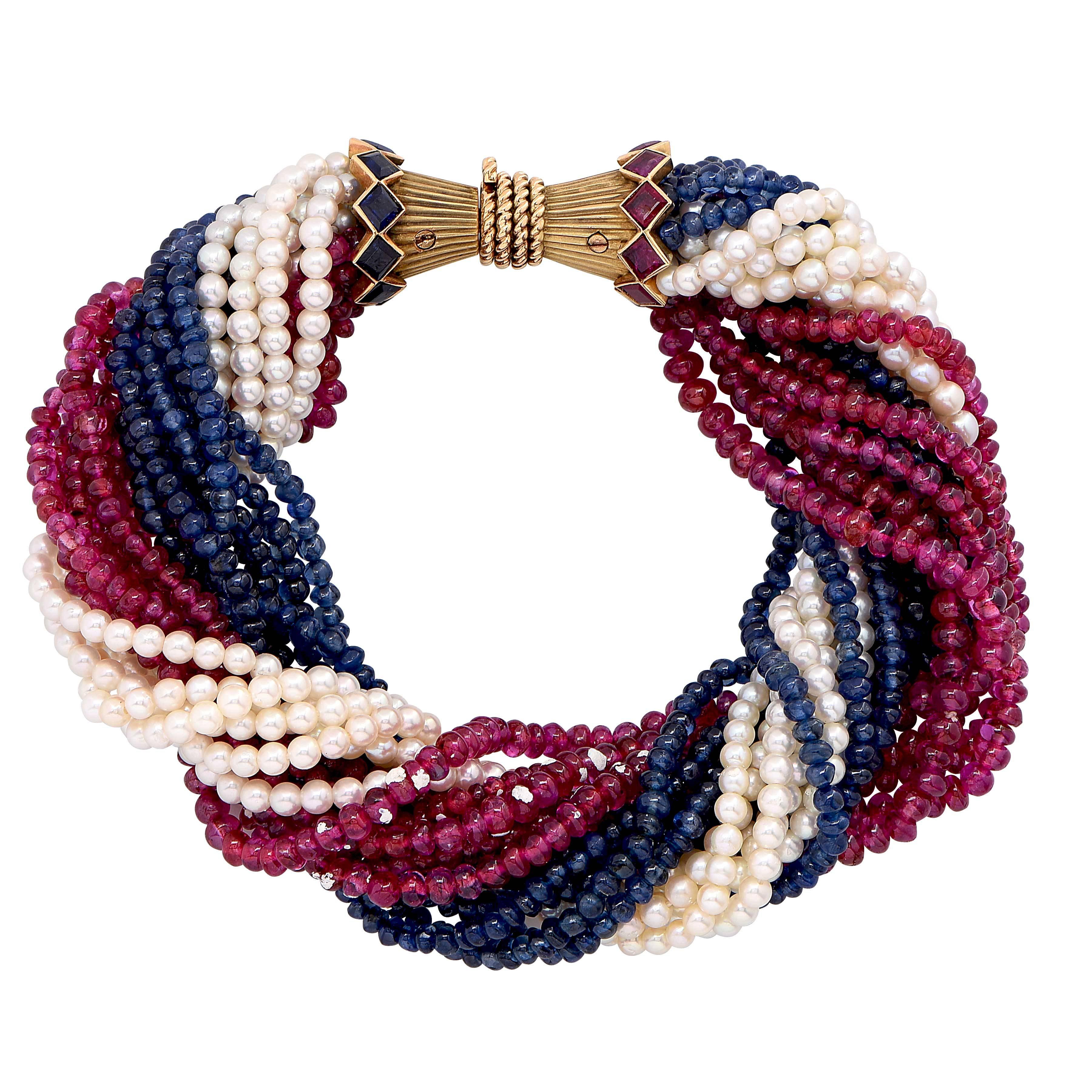Marchak Paris Sapphire Ruby Pearl Gold Torsade Bracelet For Sale 1