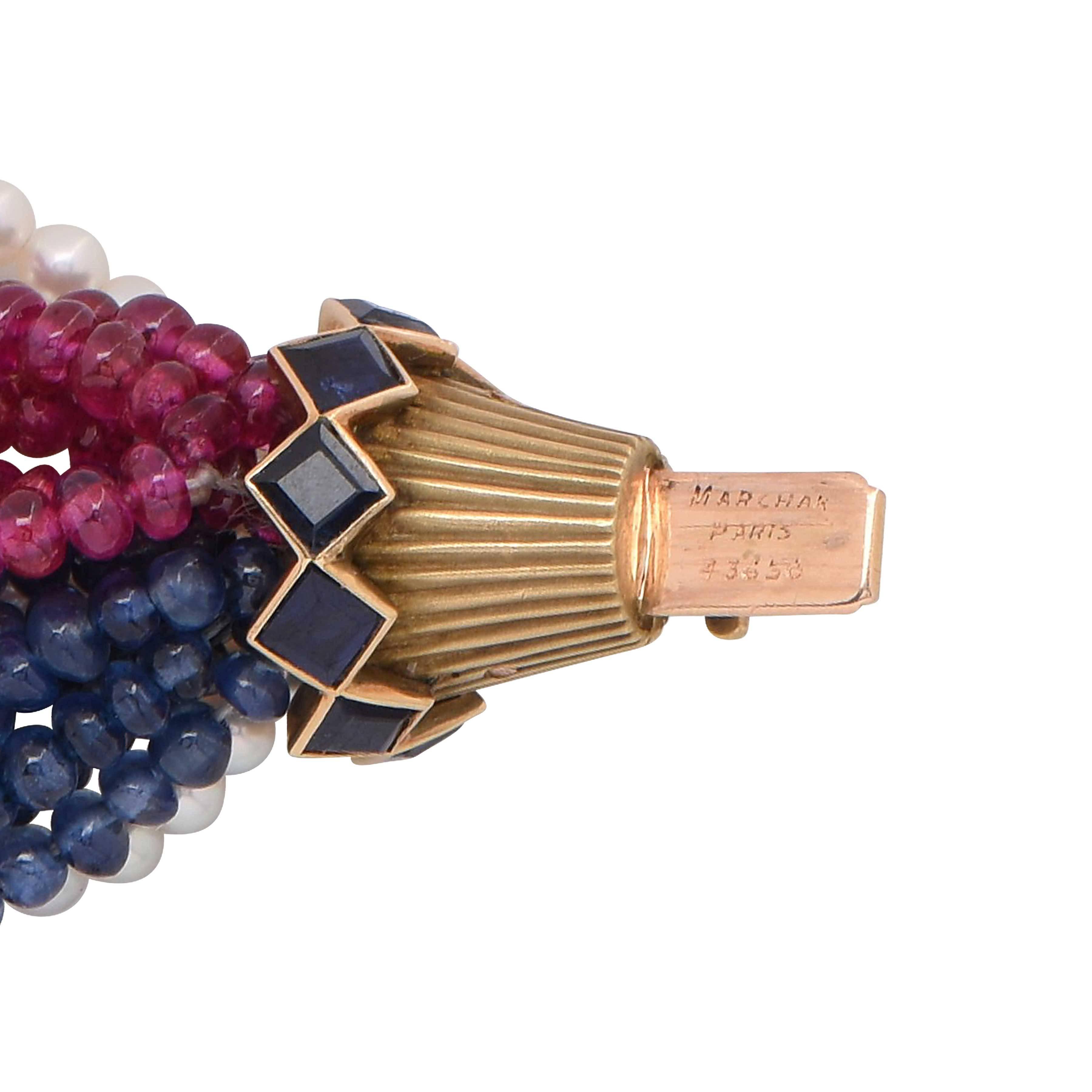 Marchak Paris Sapphire Ruby Pearl Gold Torsade Bracelet For Sale 3