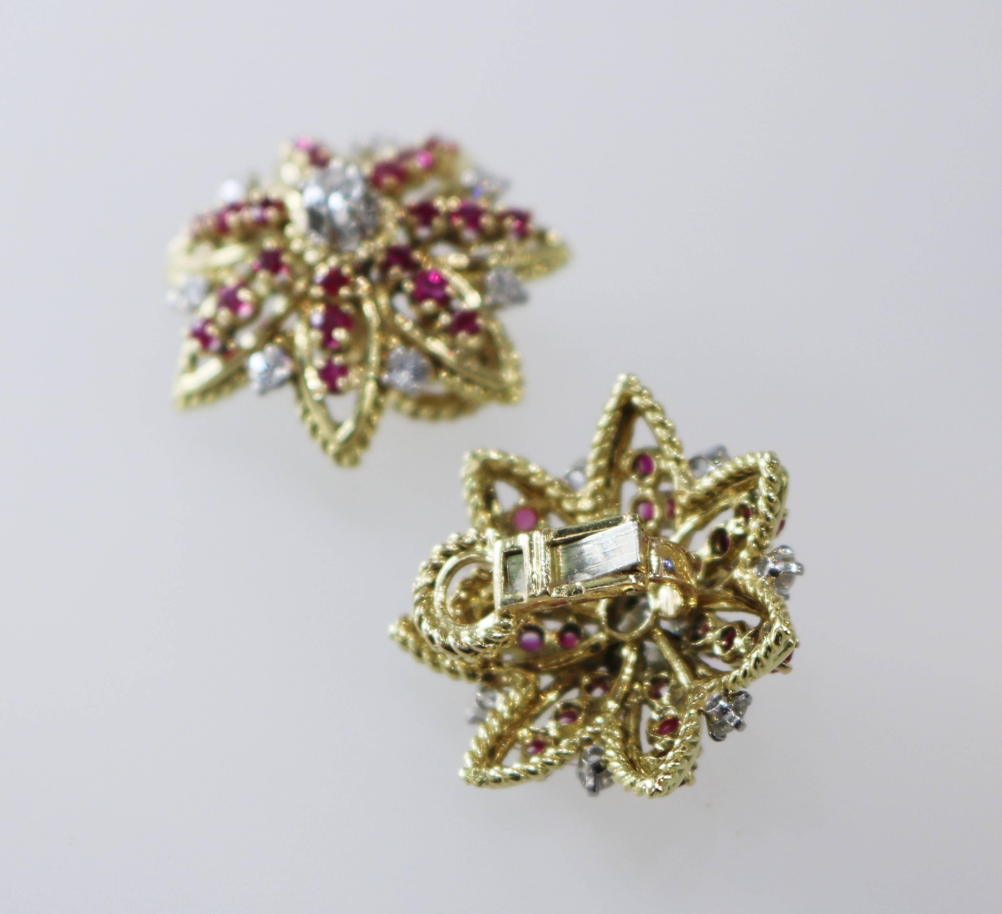 1970s French Ruby Diamond Flower Ear Clips For Sale 1