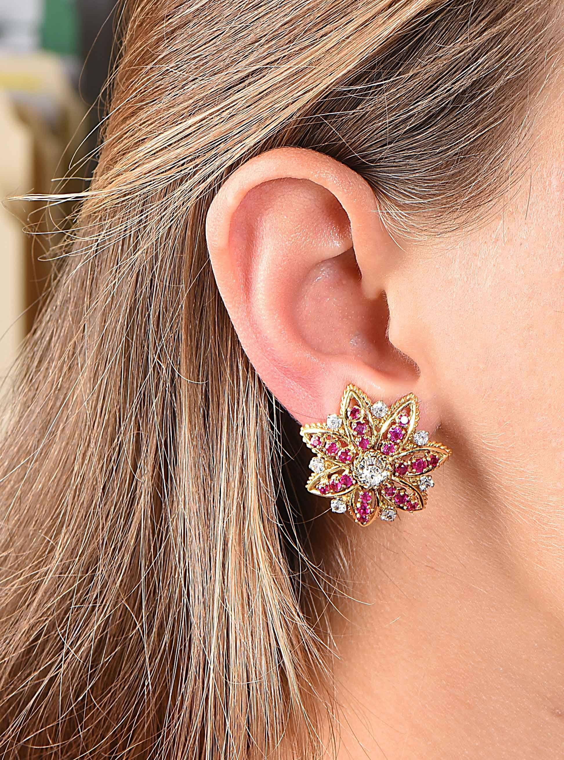 Ear clips made in France set with old mine and Old European Cut diamonds weighing approximately 0.90 carats, and 42 rubies weighing approximately 2.25 carats. The diamonds are set in platinum and the rubies in 18 Kt yellow gold.

Metal Type: