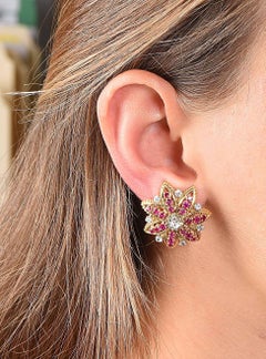 1970s French Ruby Diamond Flower Ear Clips