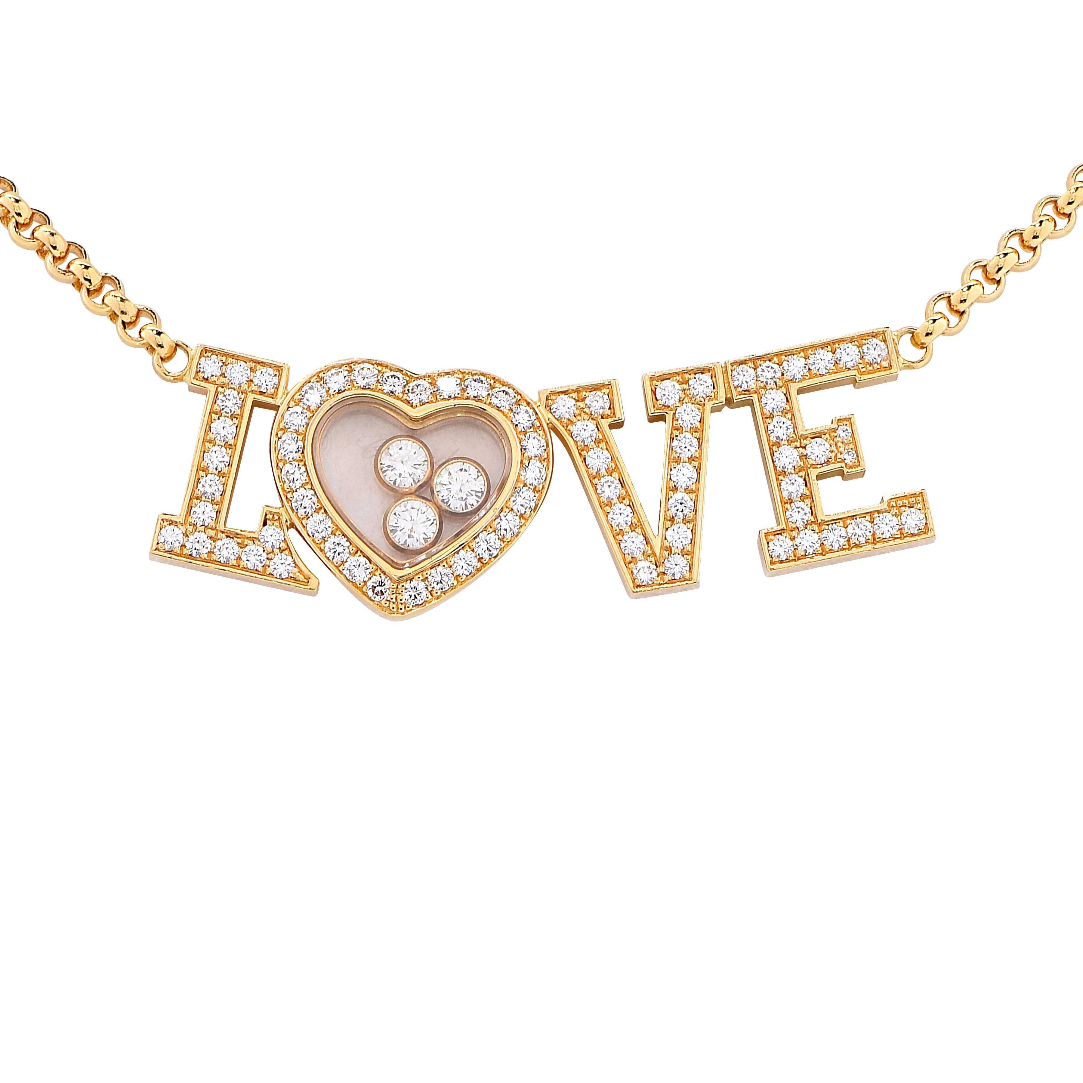 Chopard Happy Diamonds LOVE necklace with chain in 18 carat yellow gold.
Chopard Happy Diamonds Collection. The necklace features the word 'LOVE', each letter fully pave set with round brilliant cut diamonds. The letter 'O' is formed of a heart