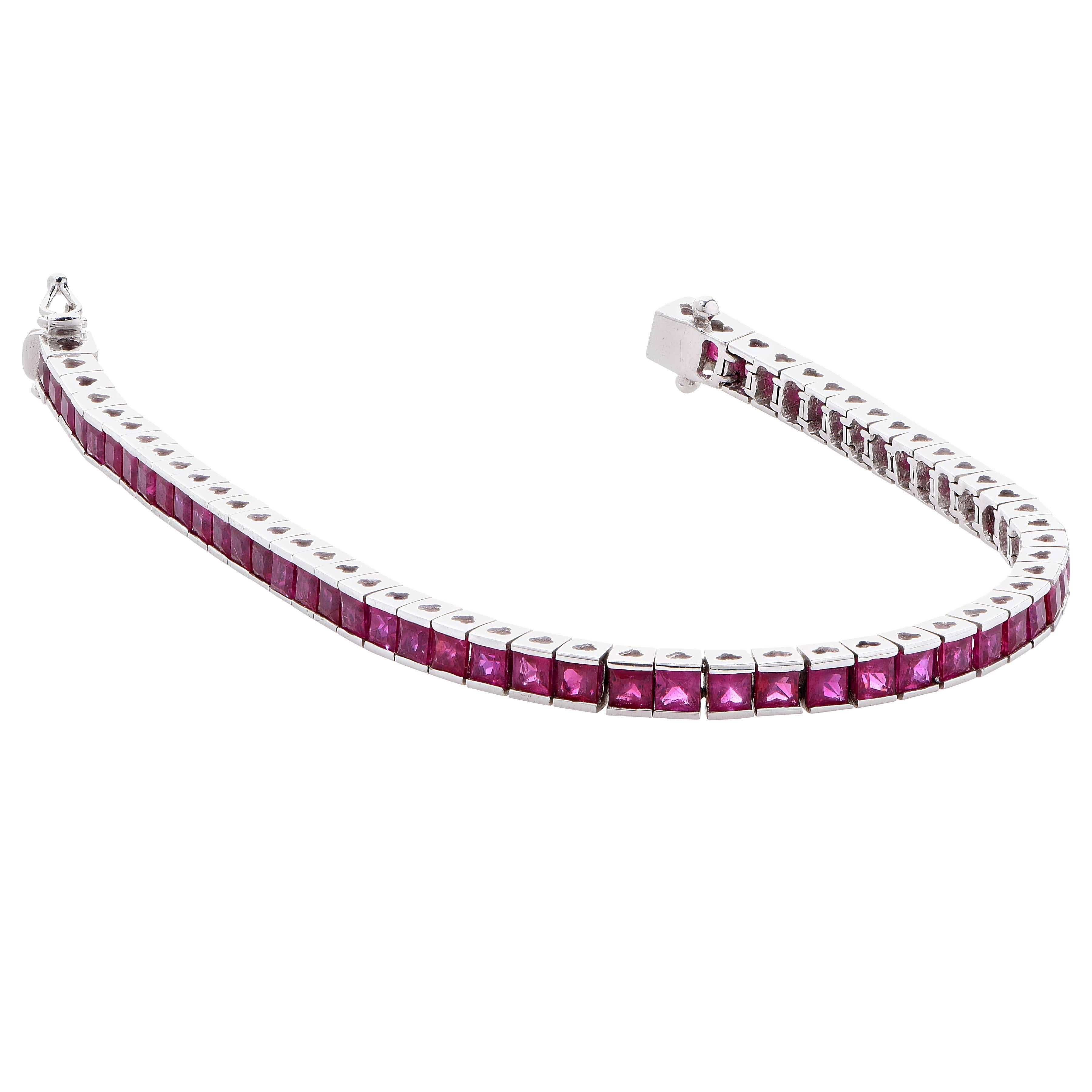 Women's or Men's 9.35 Carat Ruby White Gold Straight Line Bracelet For Sale