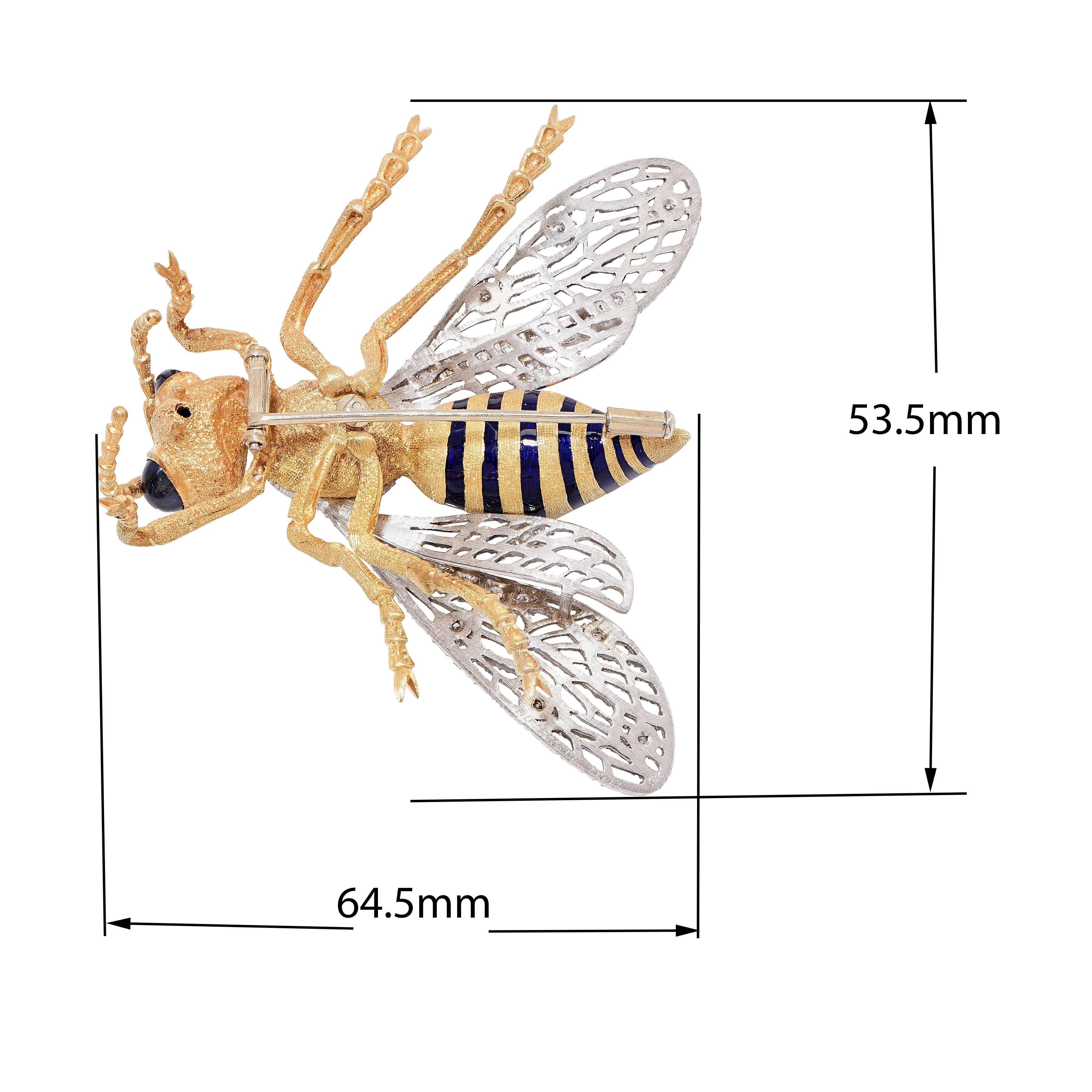 Taille brillant Buccellati, grande broche abeille en or jaune 18 carats, émail, saphirs et diamants en vente