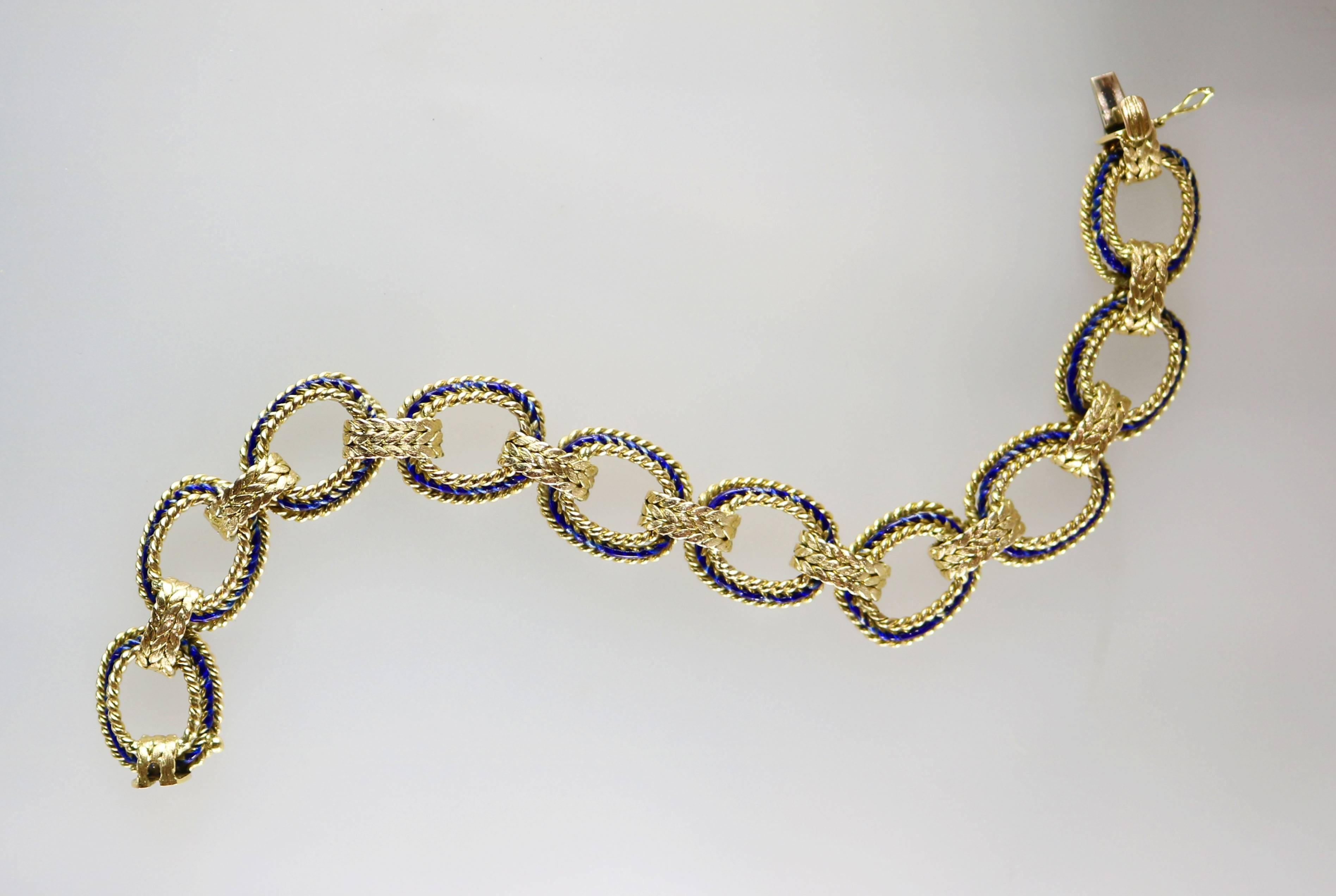 Women's Blue Enamel 18 Karat Yellow Gold Link Bracelet