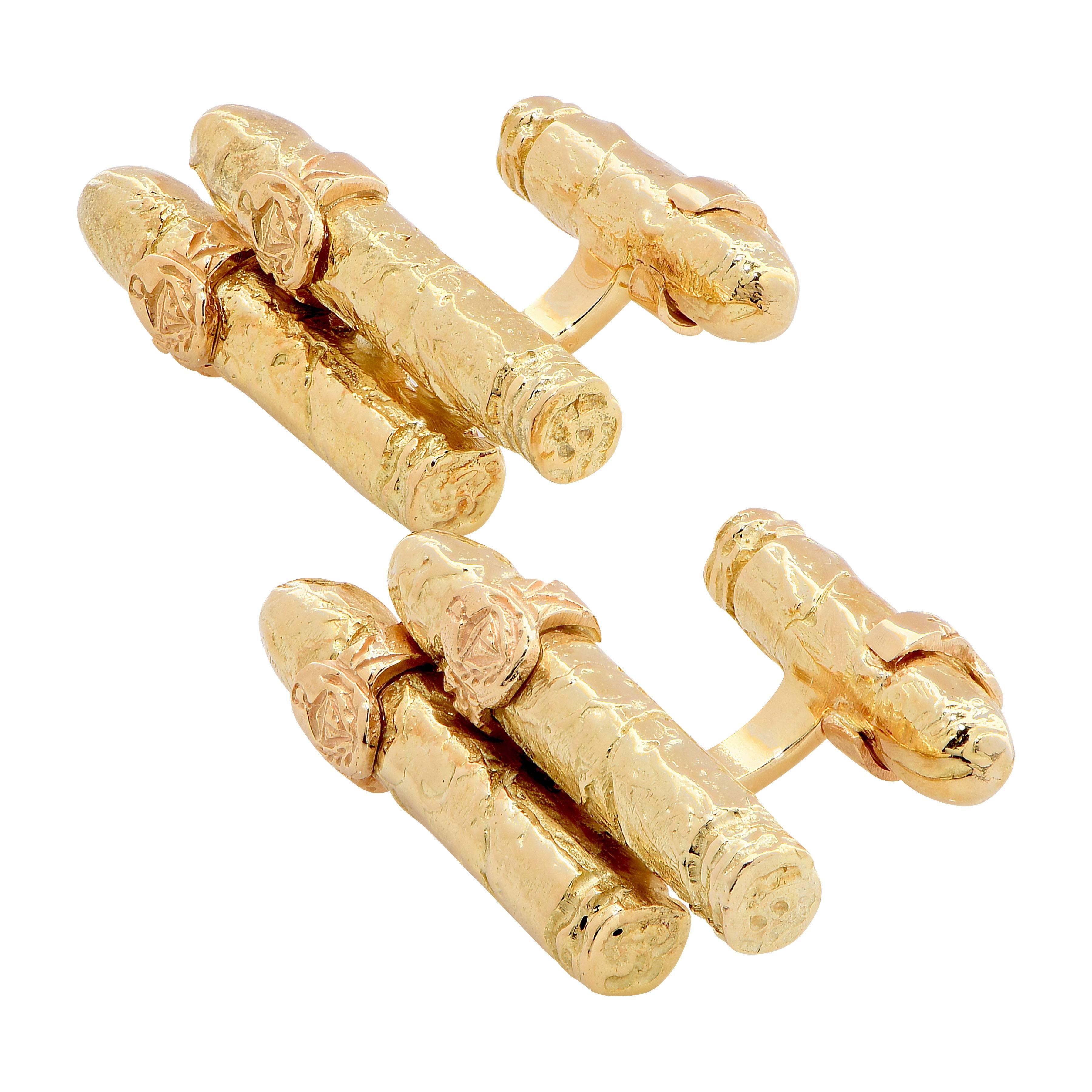 Heavy Double Sided Gold Cigar Cufflinks In Excellent Condition In Bay Harbor Islands, FL