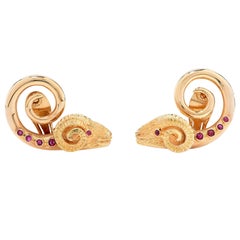 1960s Lalaounis Ruby Gold Ram's Head Ear Clips