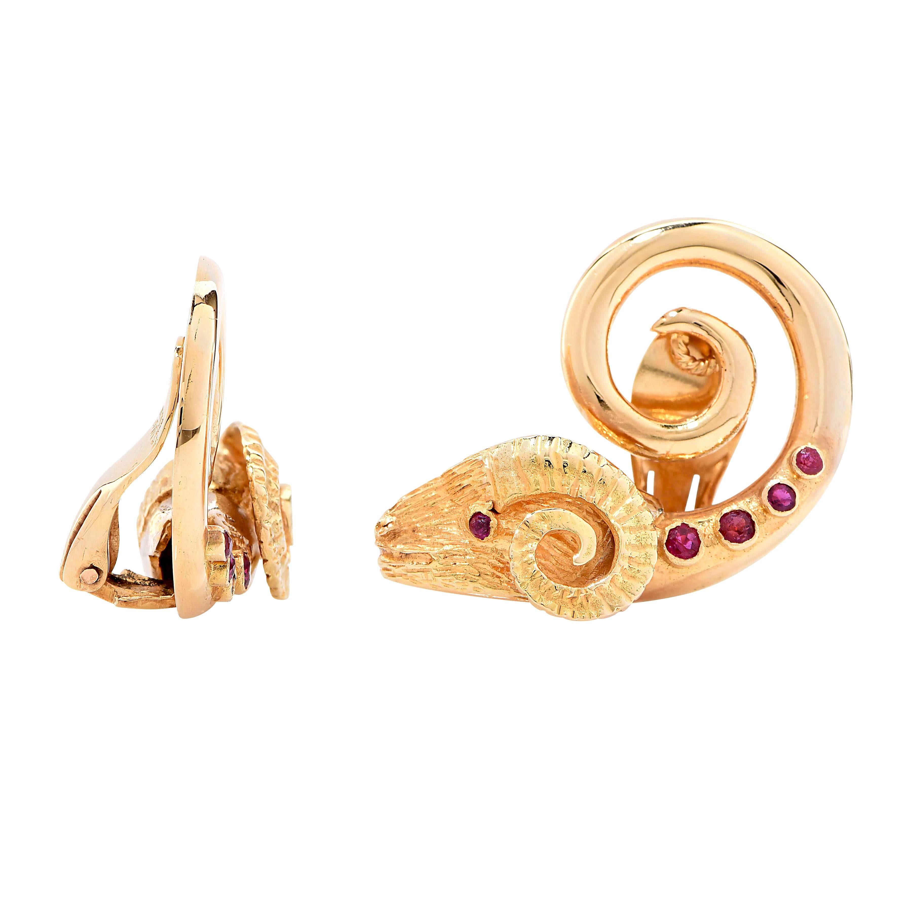 Round Cut 1960s Lalaounis Ruby Gold Ram's Head Ear Clips For Sale