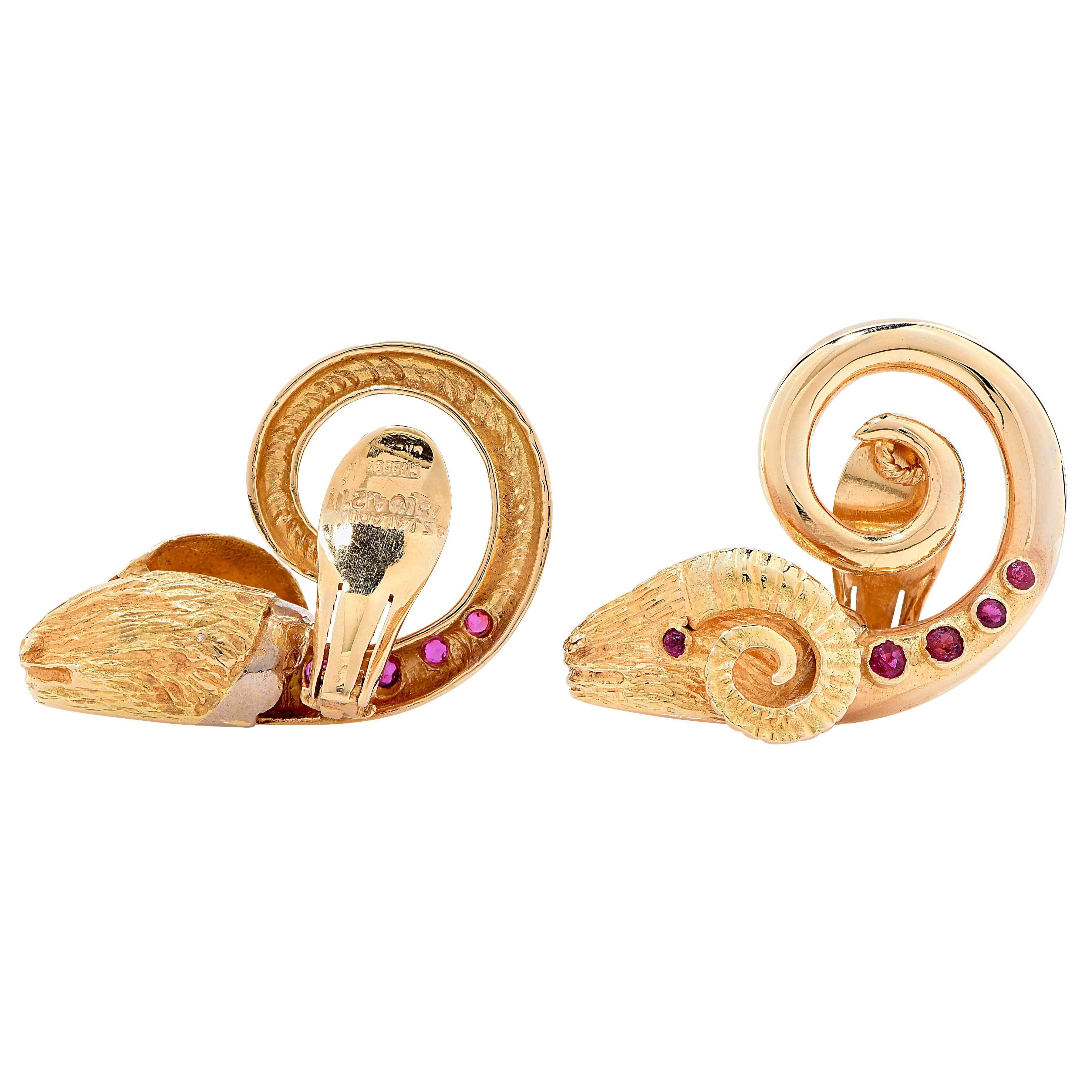 Women's 1960s Lalaounis Ruby Gold Ram's Head Ear Clips For Sale