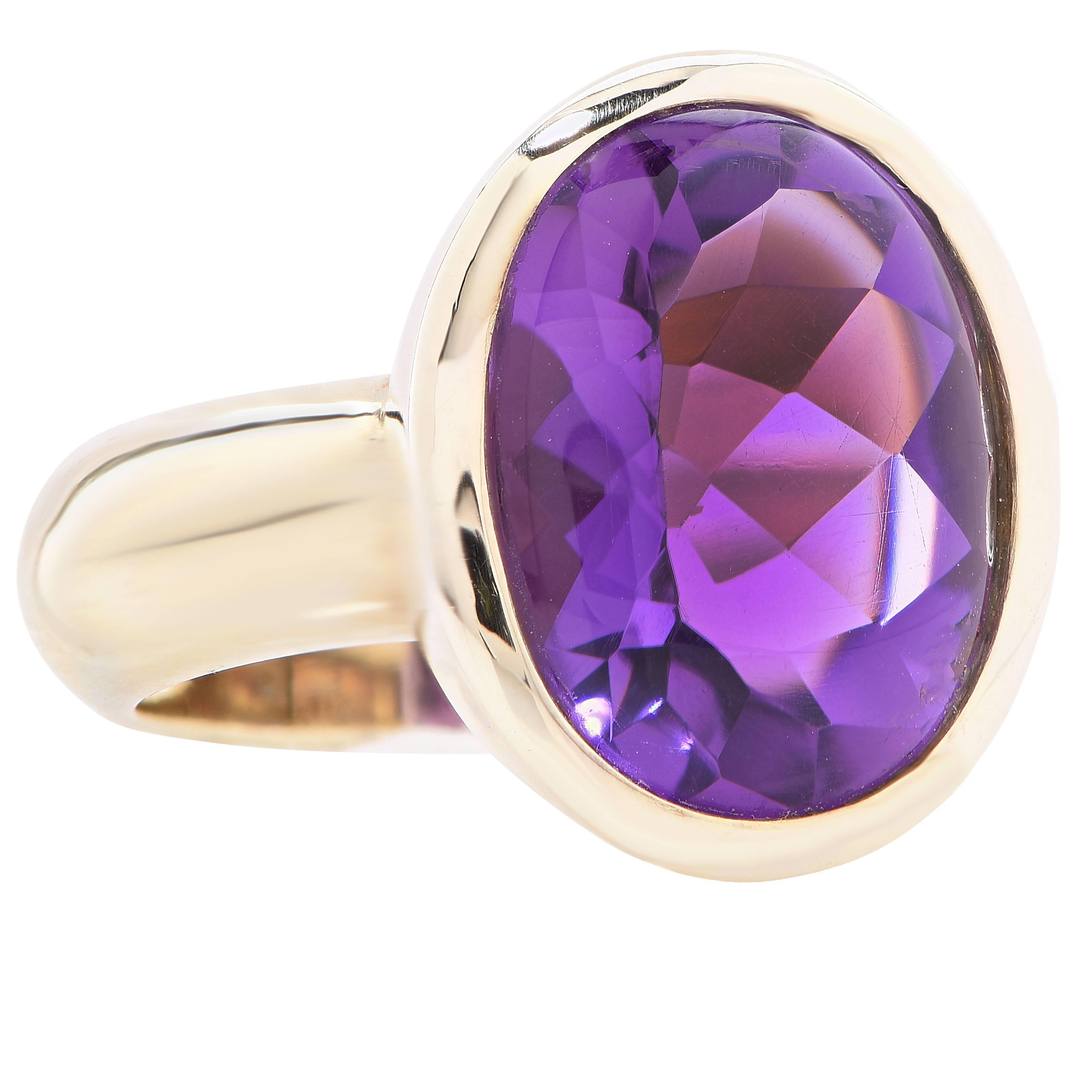Oval Cut Aletto & Co. Natural 14 Carat Amethyst Cabochon Gold Bezel Set Ring For Sale