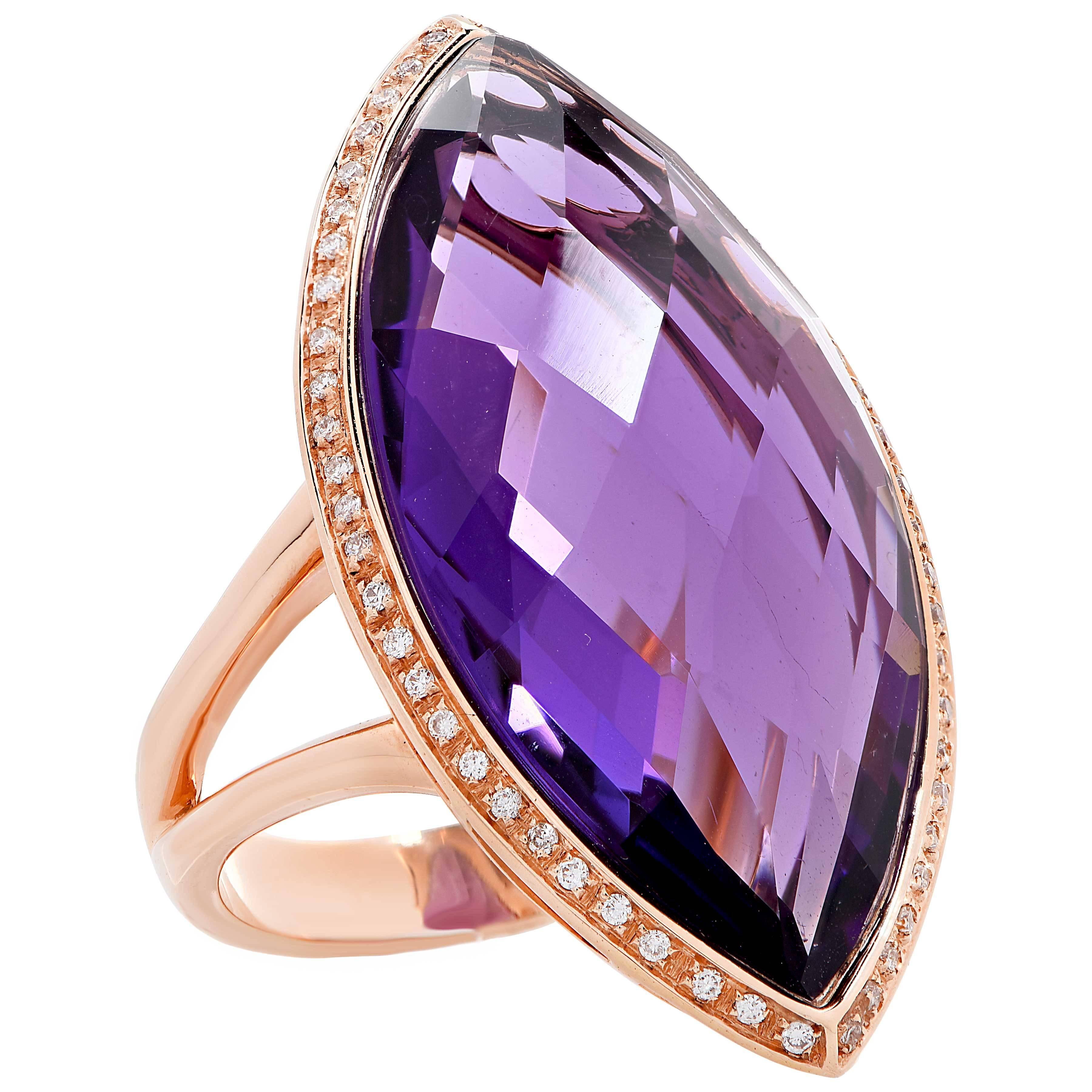 Marquise Cut 23 Carat Natural Amethyst & Diamond 18 Karat Rose Gold Ring For Sale