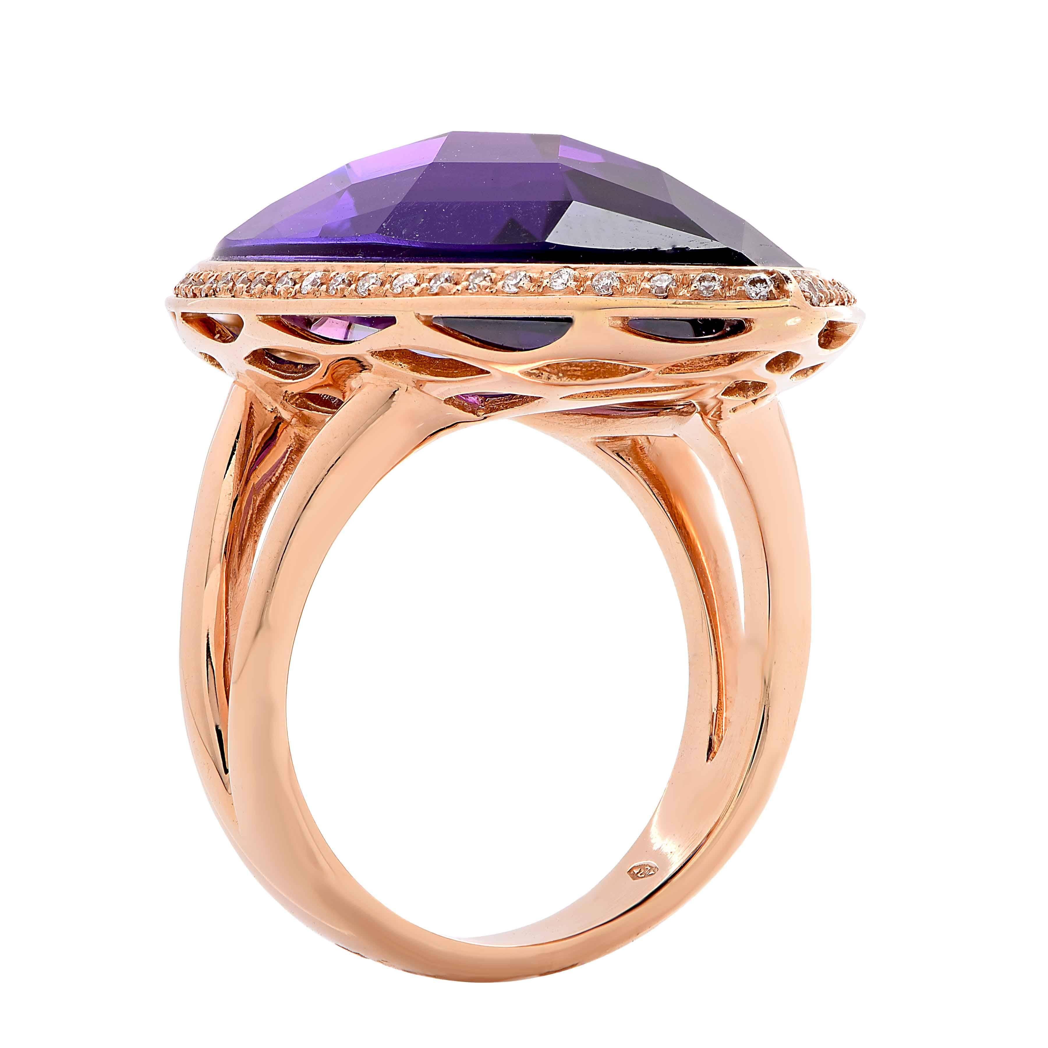 23 Carat Natural Amethyst & Diamond 18 Karat Rose Gold Ring In New Condition For Sale In Bay Harbor Islands, FL