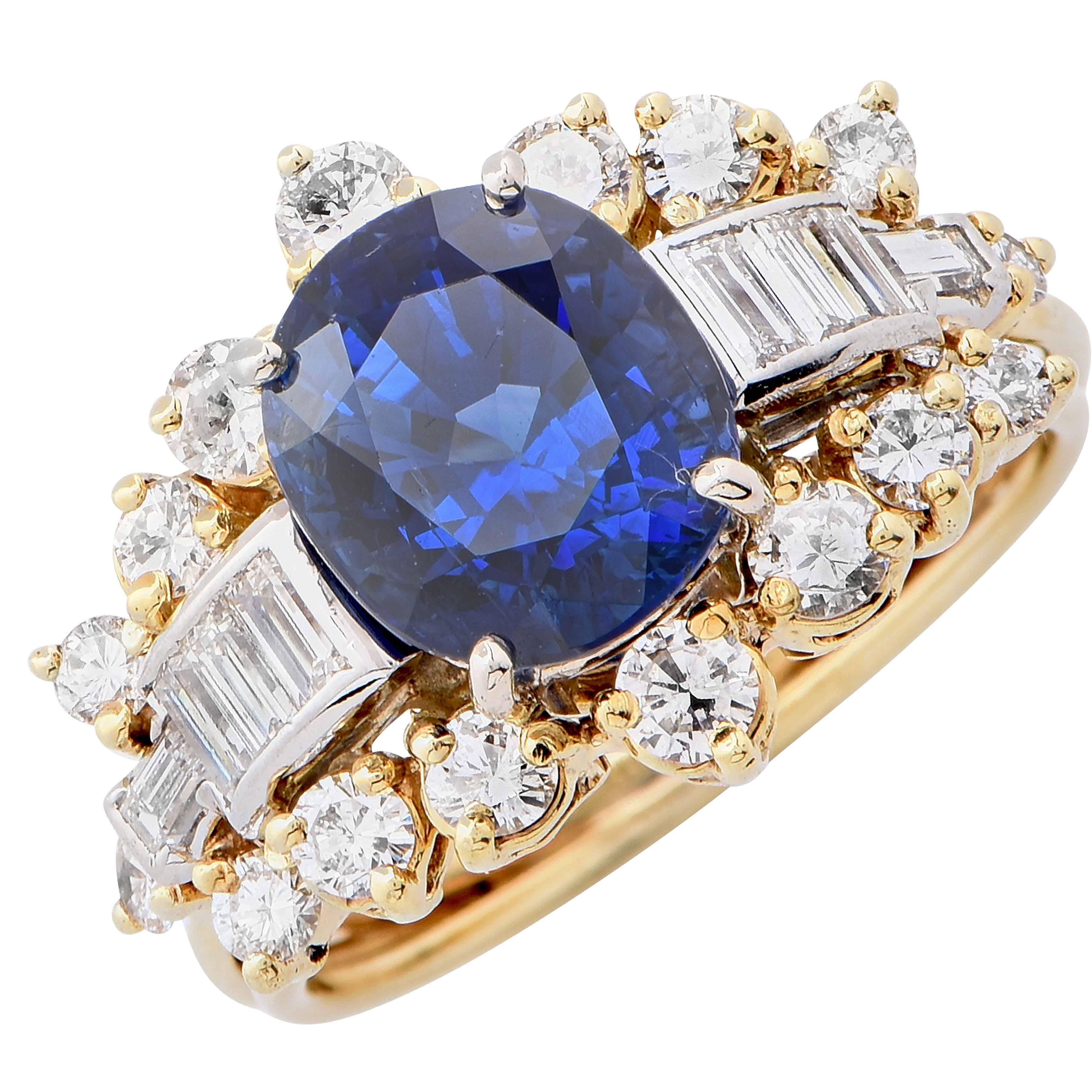 3.35 Carat Natural Oval Sapphire Diamond 18 Karat Yellow Gold Ring