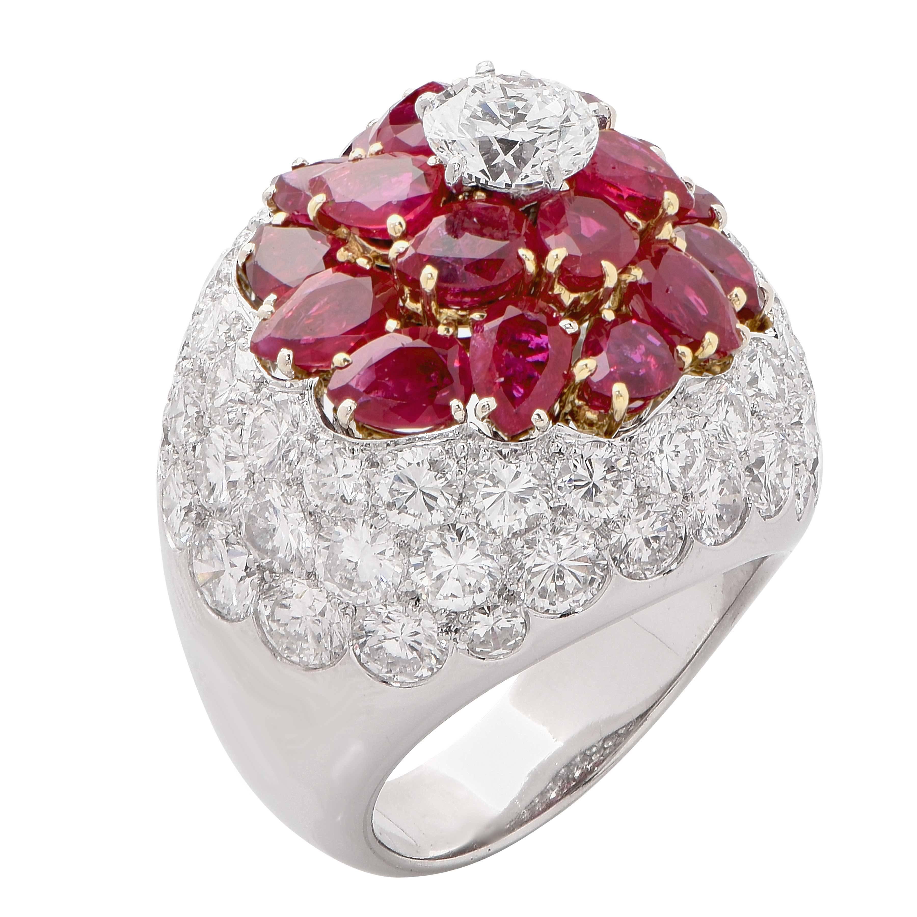 Modern Burmese Ruby French Bombe Flowerhead and Diamond Platinum Ring For Sale