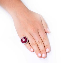 Burmese Ruby French Bombe Flowerhead and Diamond Platinum Ring