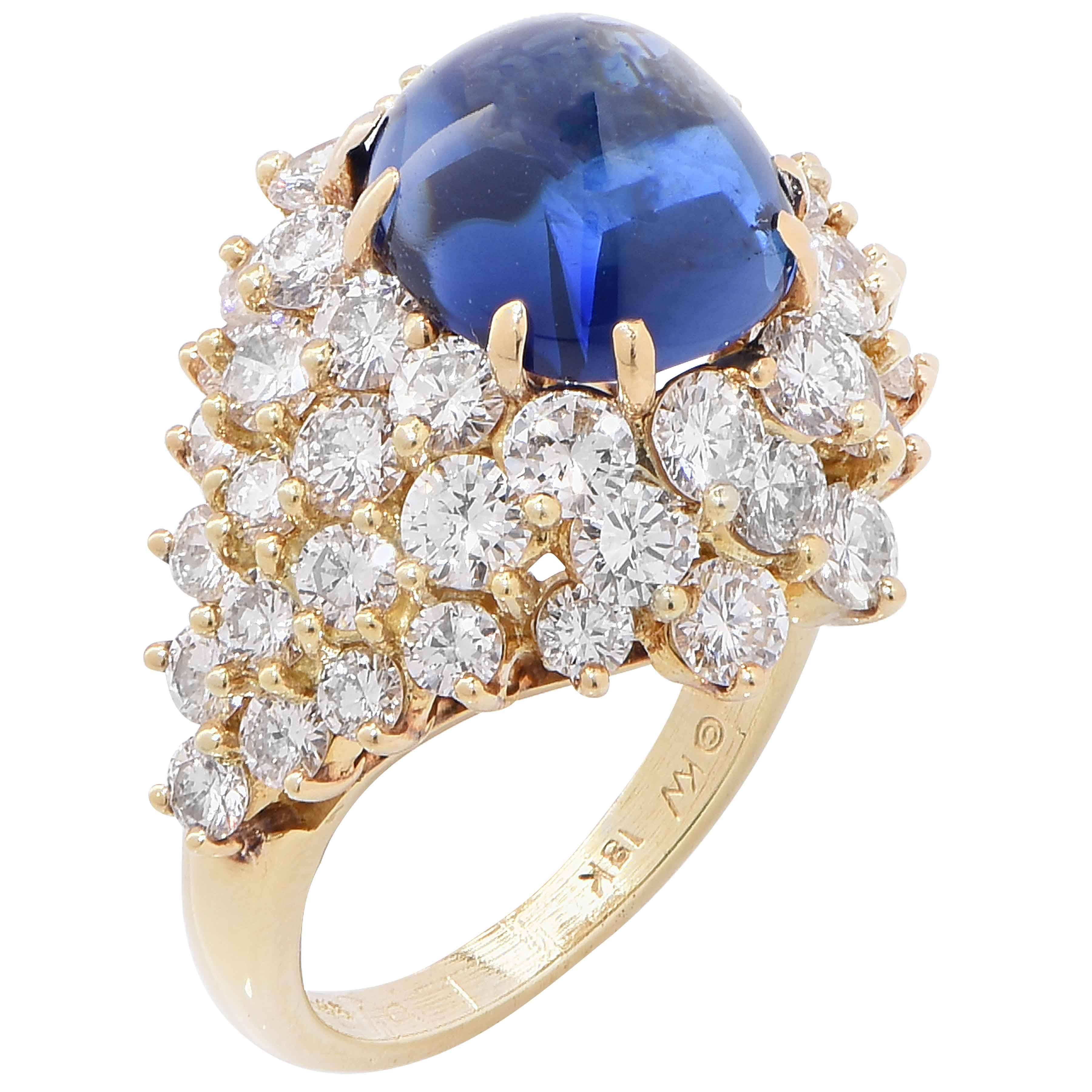 Kurt Wayne Approximately 9.8 Carat Natural Cabochon Sapphire Diamond Gold Ring In Excellent Condition For Sale In Bay Harbor Islands, FL