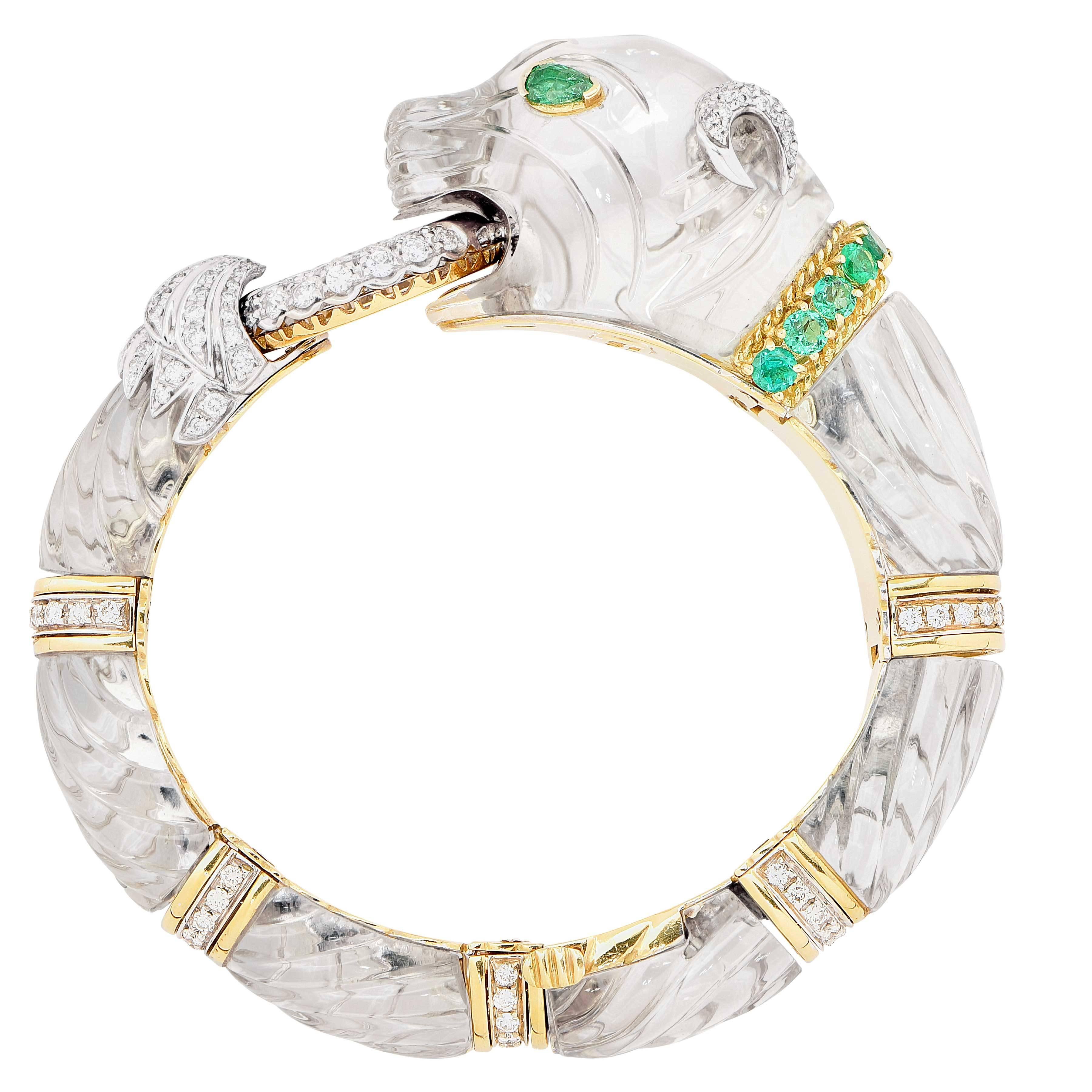 Women's Rock Crystal Emerald Diamond Gold Panther Bangle Bracelet