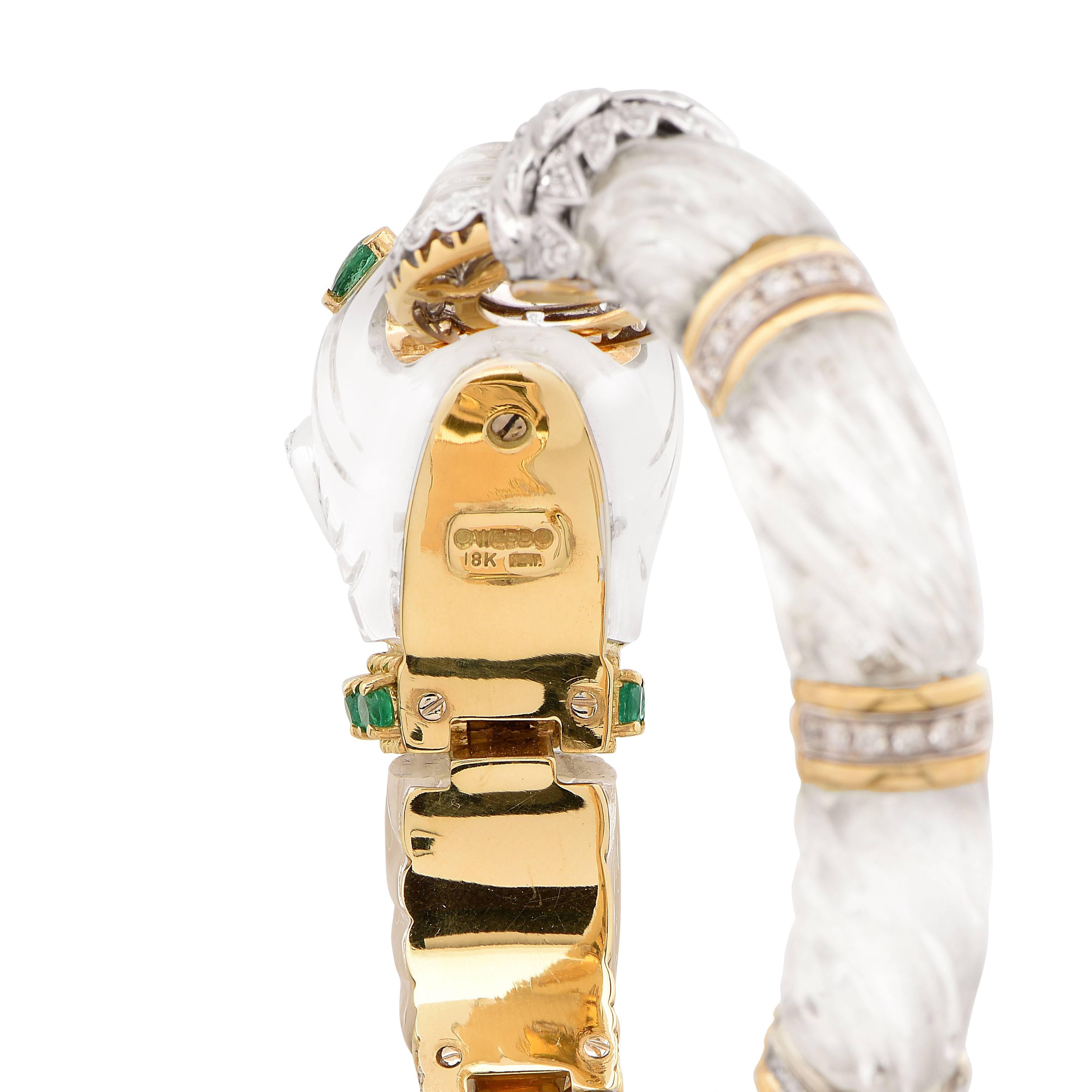 Rock Crystal Emerald Diamond Gold Panther Bangle Bracelet 1
