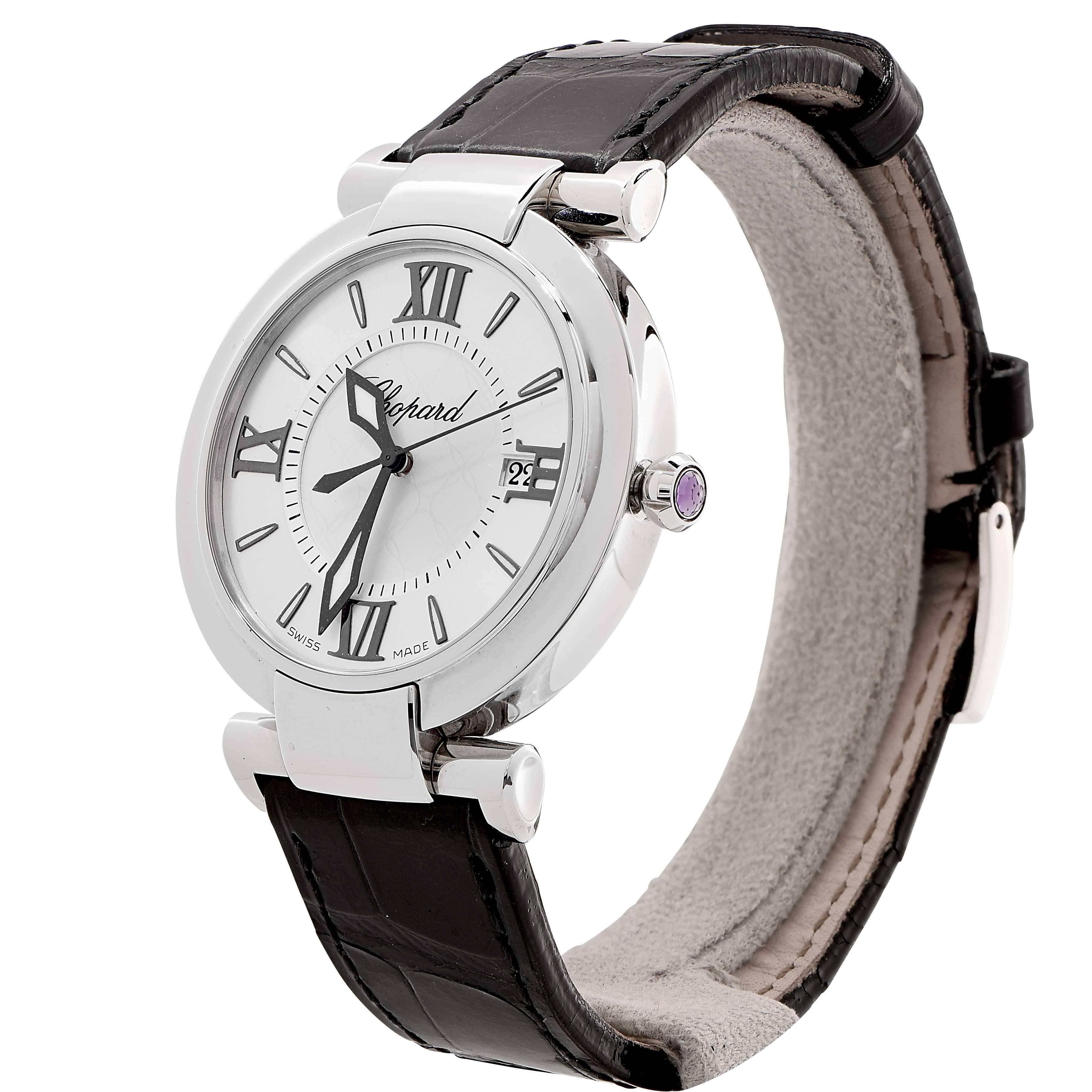 Brand new Chopard Imperiale Stainless Steel Lady's watch with a silvered dial .
36mm 
The IMPERIALE watch in stainless steel is the ultimate in refined design. On the generously proportioned silver-toned dial, its finely curved hands inspired by the