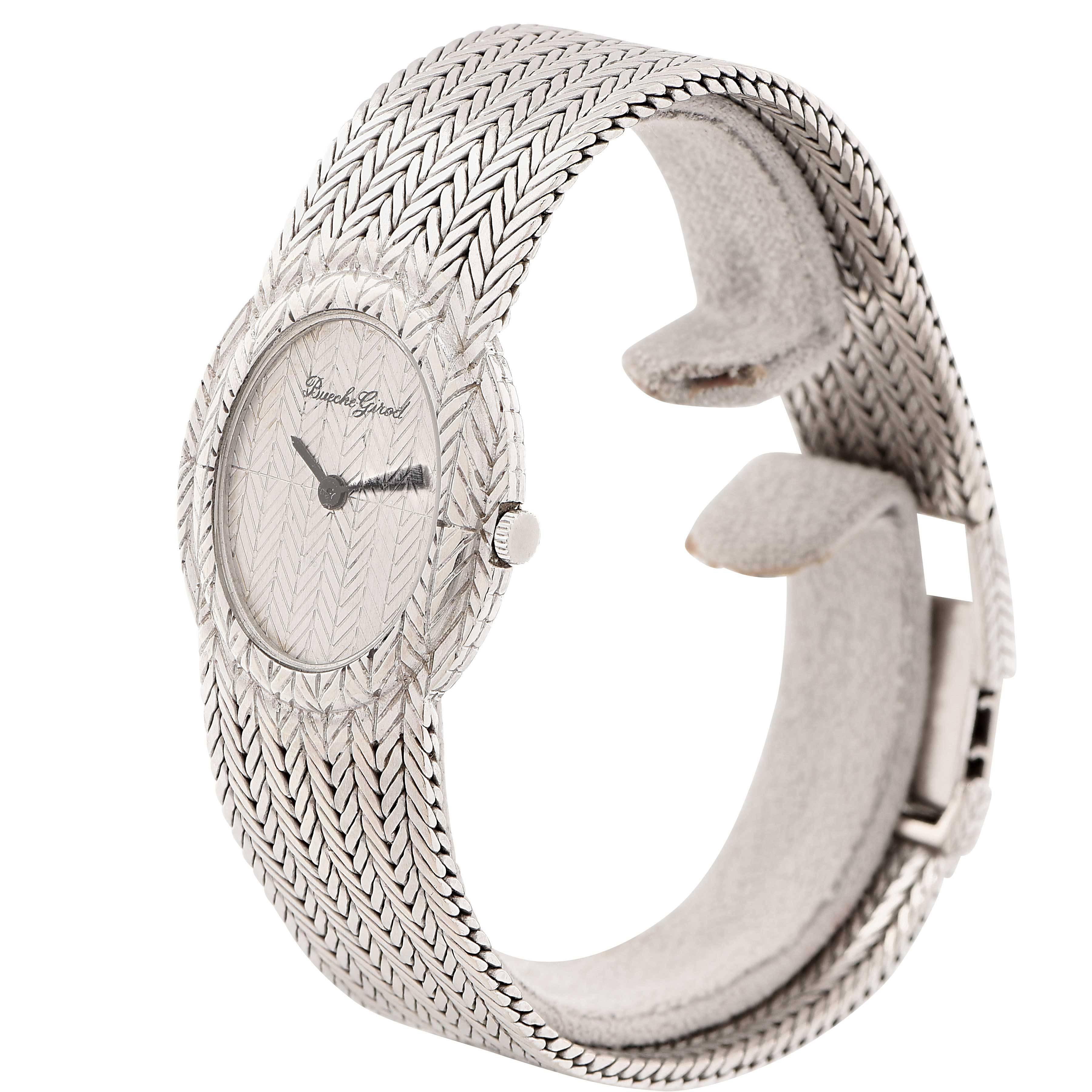 Lady's Bueche Girod 18 Karat White Gold Watch.
This lovely watch features a herringbone design throughout its band and dial.
Metal: 18 Karat stamped and tested.