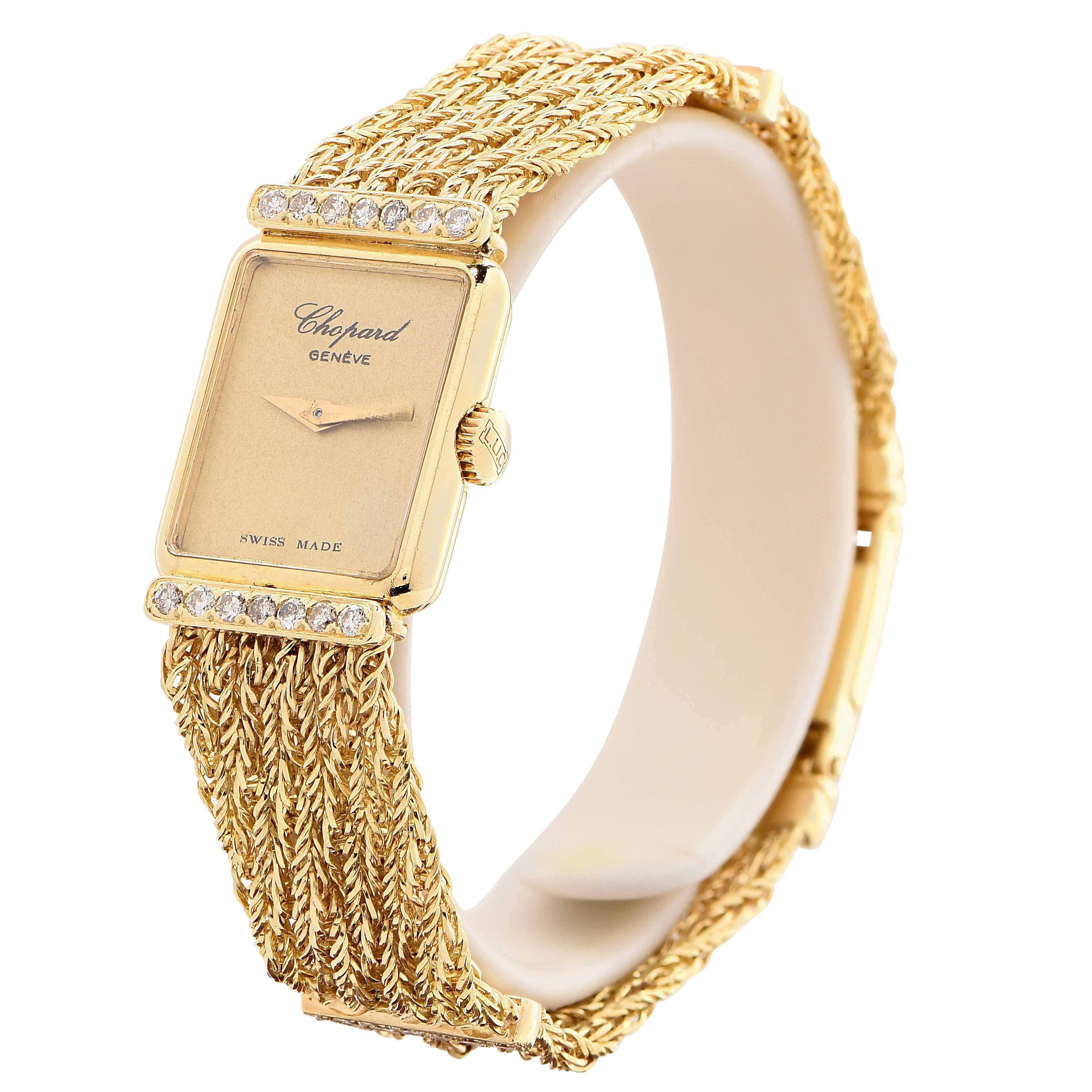 Lady's Chopard, Gold Dial 18 Karat Yellow Gold Rope Chain Bracelet with Diamonds featuring 28 Round Brilliant Cut Diamonds with an estimated weight of .40 Ct.
Mechanical Movement #846 
Bracelet is 6 Inches Long
Metal: 18 Karat Yellow Gold
Metal