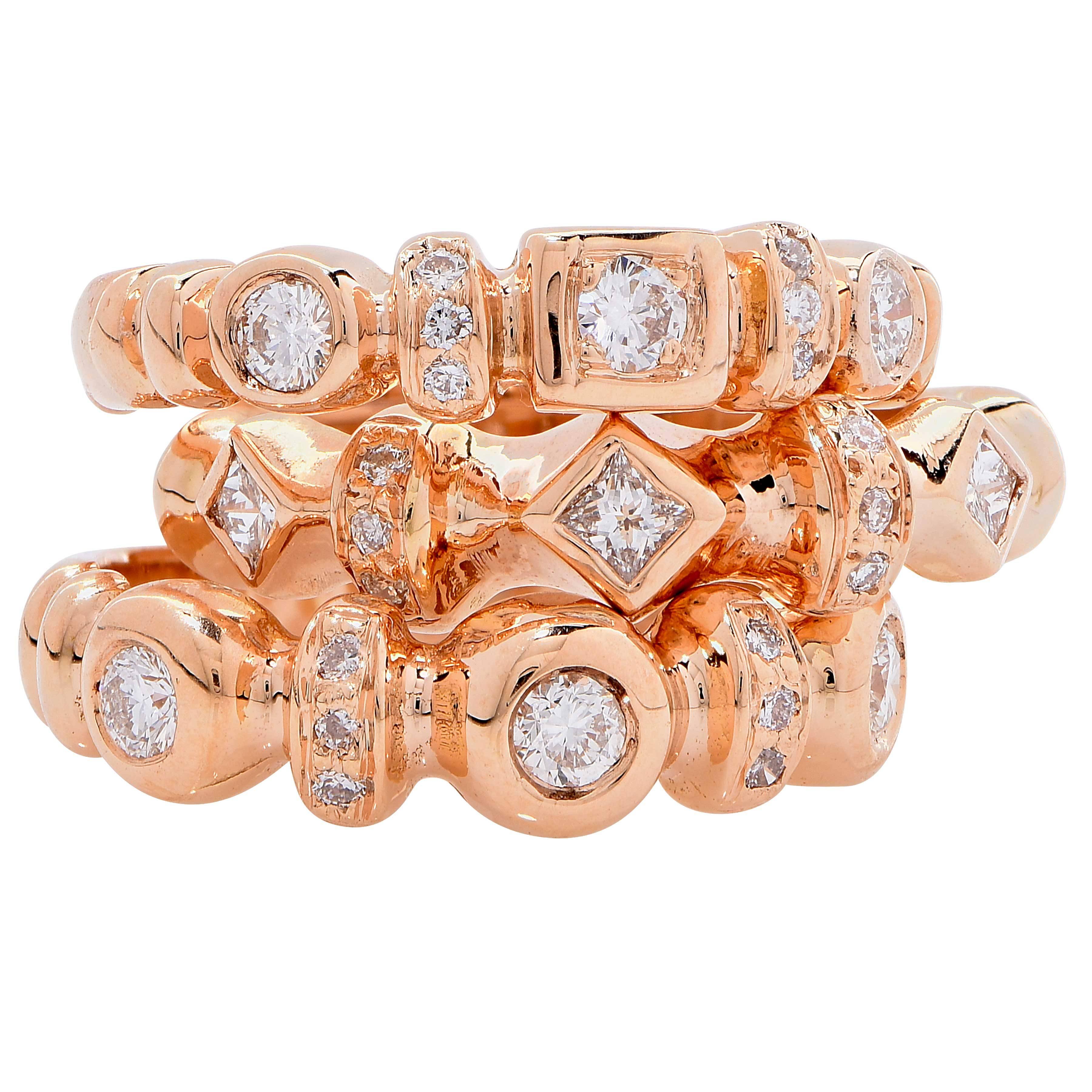 Round Cut Set of Three Diamond Rose Gold Rings For Sale