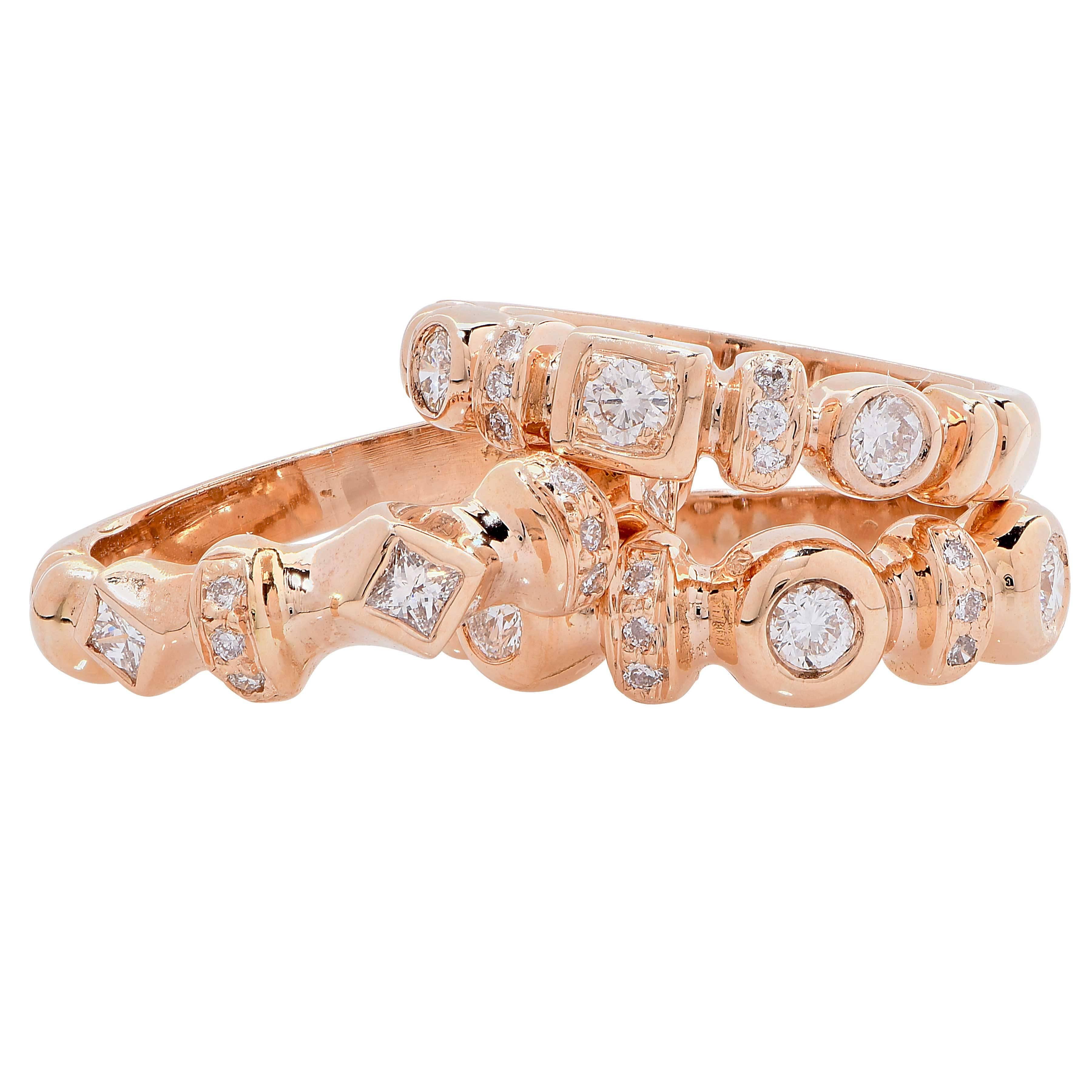 Set of Three Diamond Rose Gold Rings In Excellent Condition For Sale In Bay Harbor Islands, FL