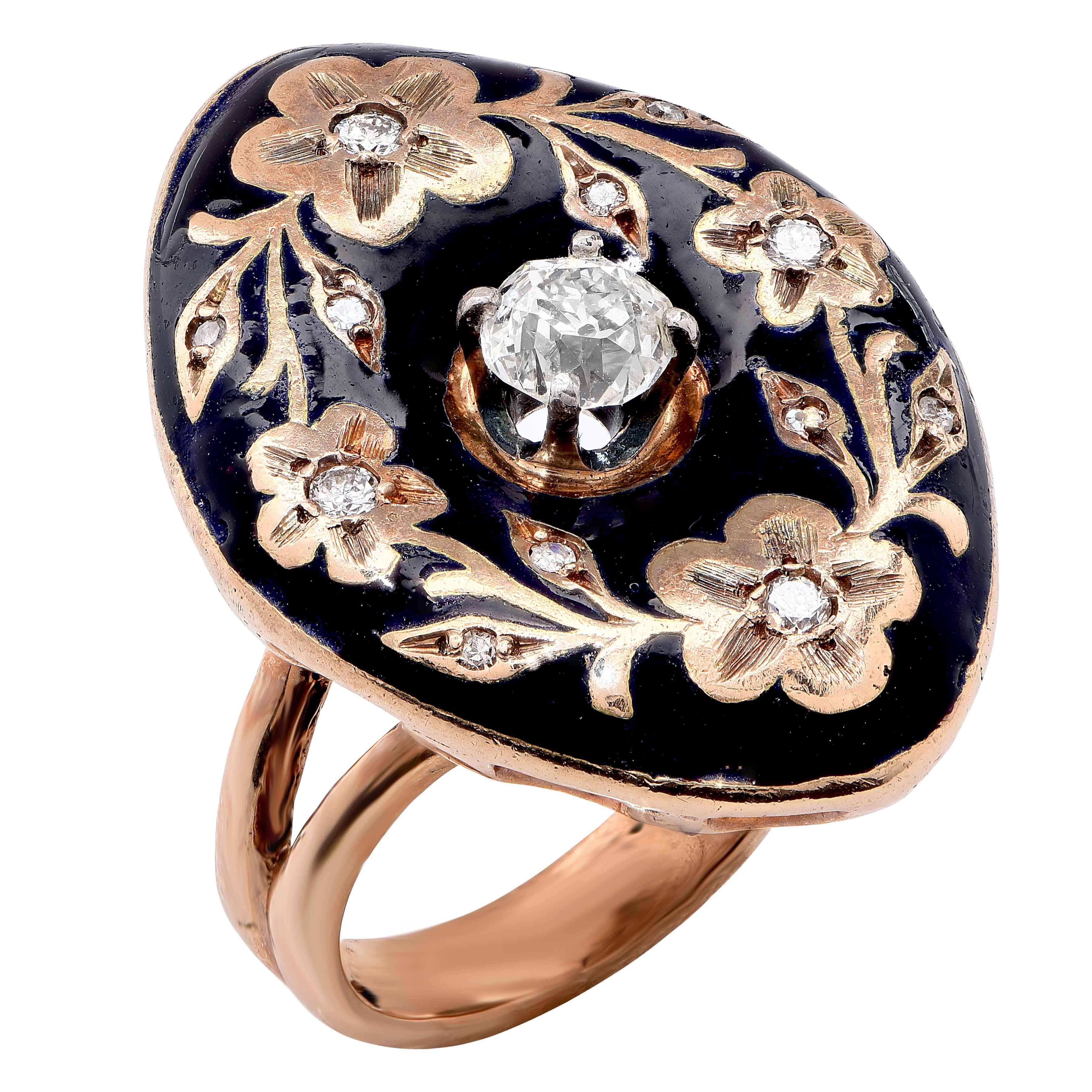Enamel Diamond Gold Ring In Good Condition For Sale In Bay Harbor Islands, FL