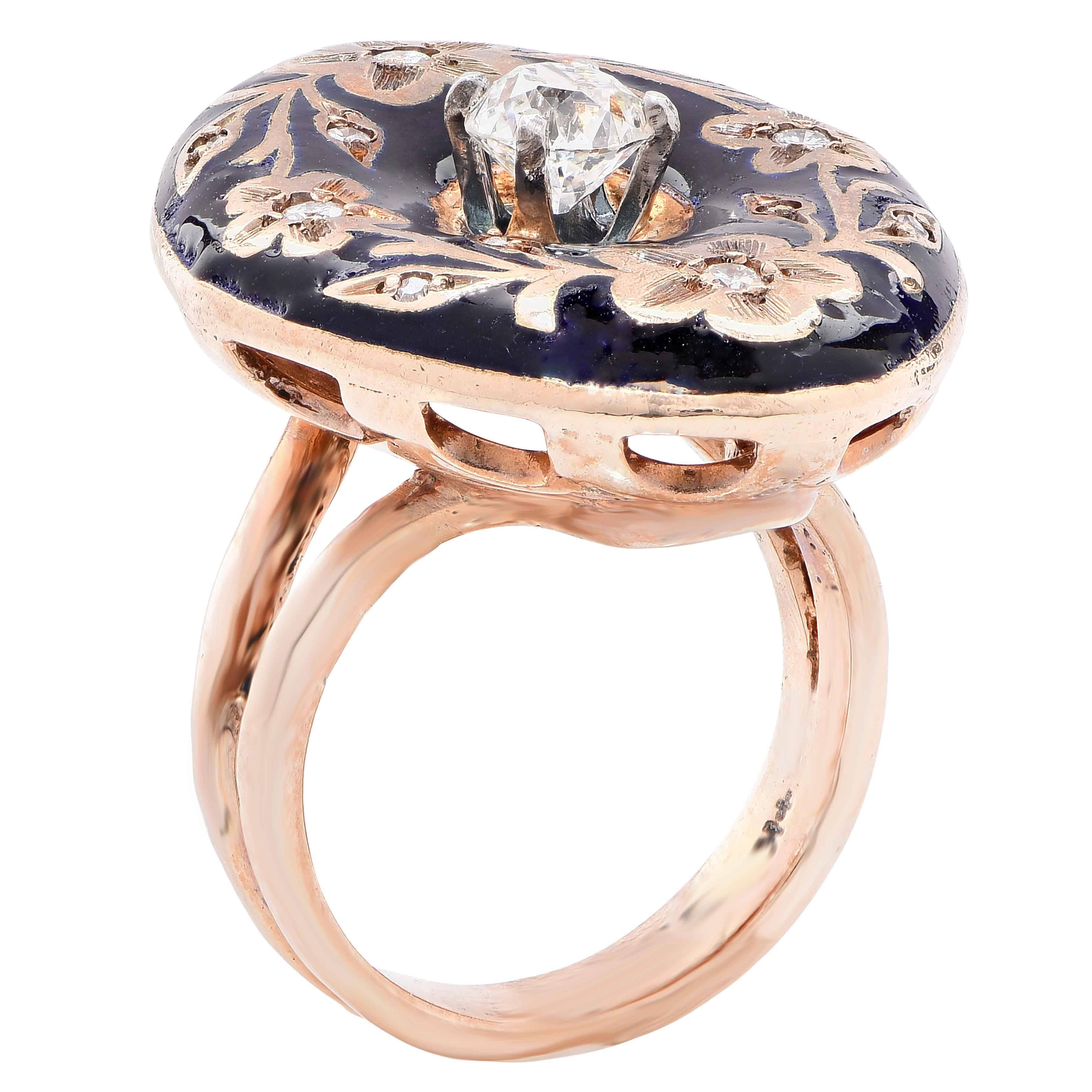 Women's Enamel Diamond Gold Ring For Sale
