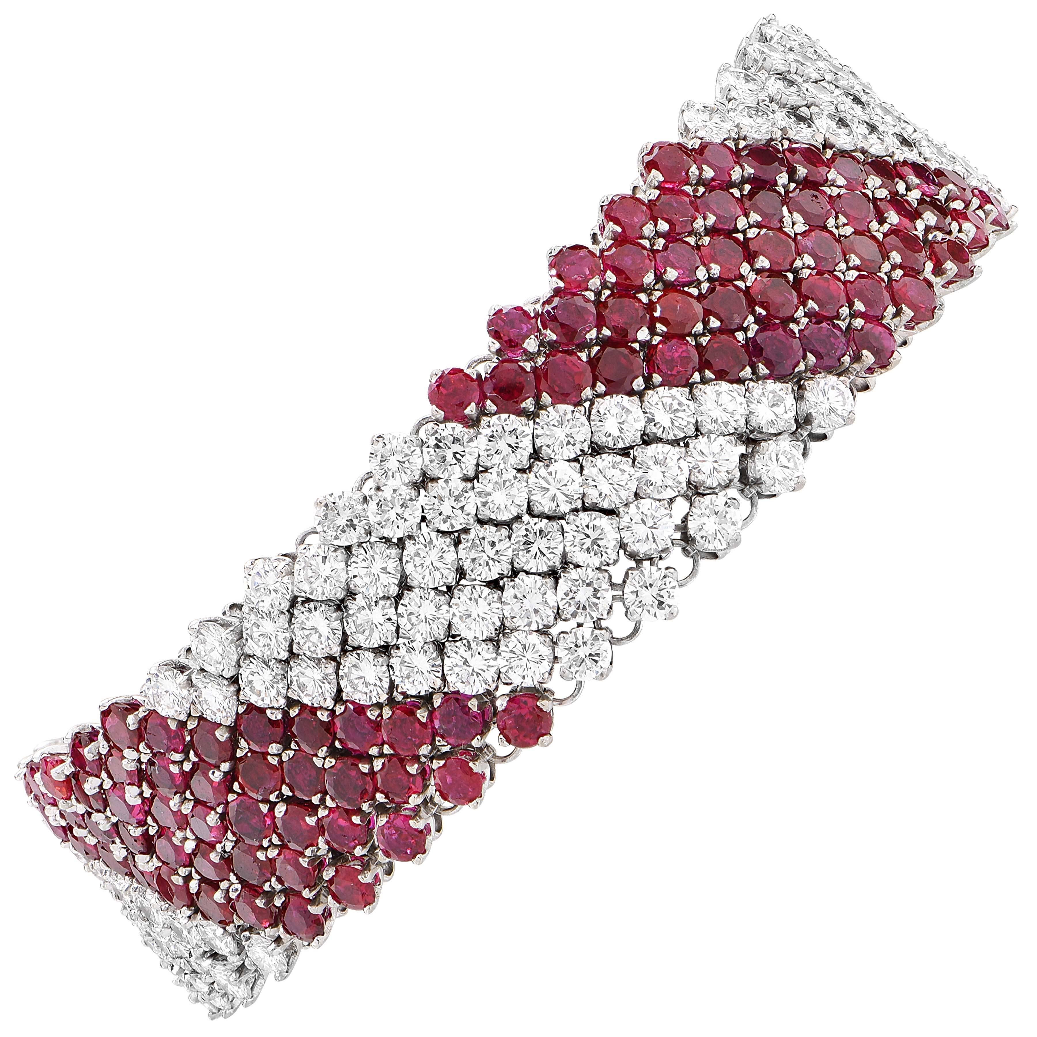 This beautiful and very flexible diamond and ruby bracelet features 189 round diamonds weighing approximately 16 carats and  180 round rubies weighing approximately 19 carats.  Circa 1955

7 inches in length.
Metal Type: 18 Karat White Gold