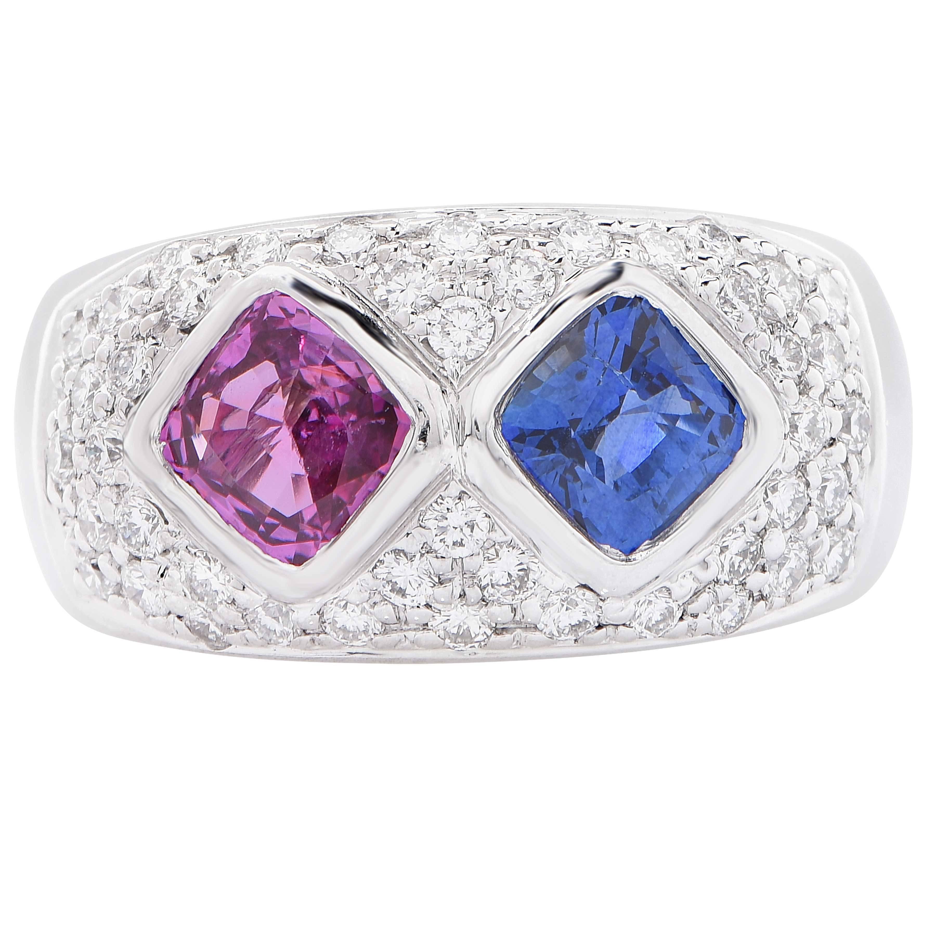 Pink and Blue Sapphire Diamond White Gold Ring In Excellent Condition In Bay Harbor Islands, FL